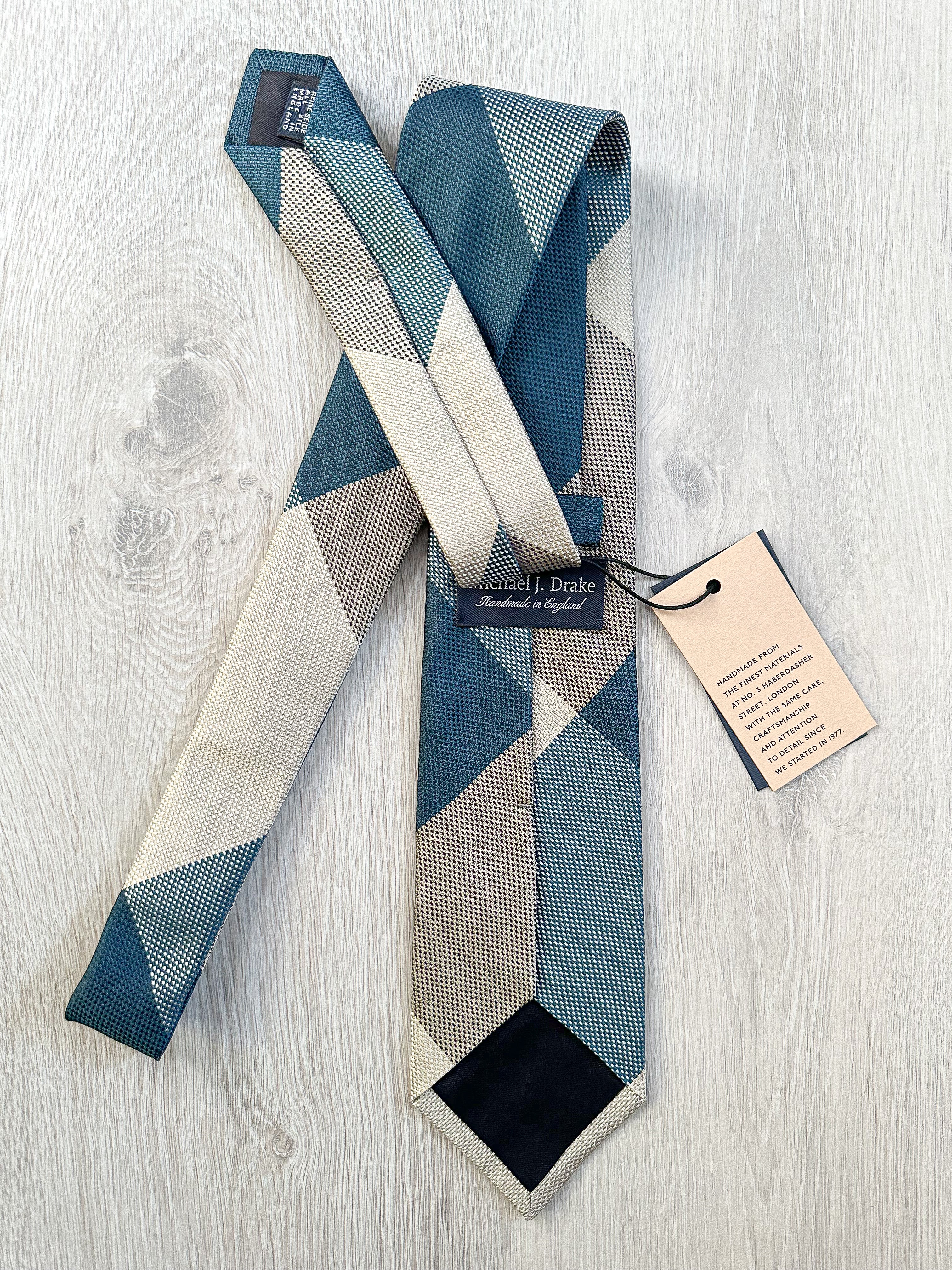Drake's Michael J. Drake Grenadine Silk Teal Grey Colour Block Tie - House Of Huntington