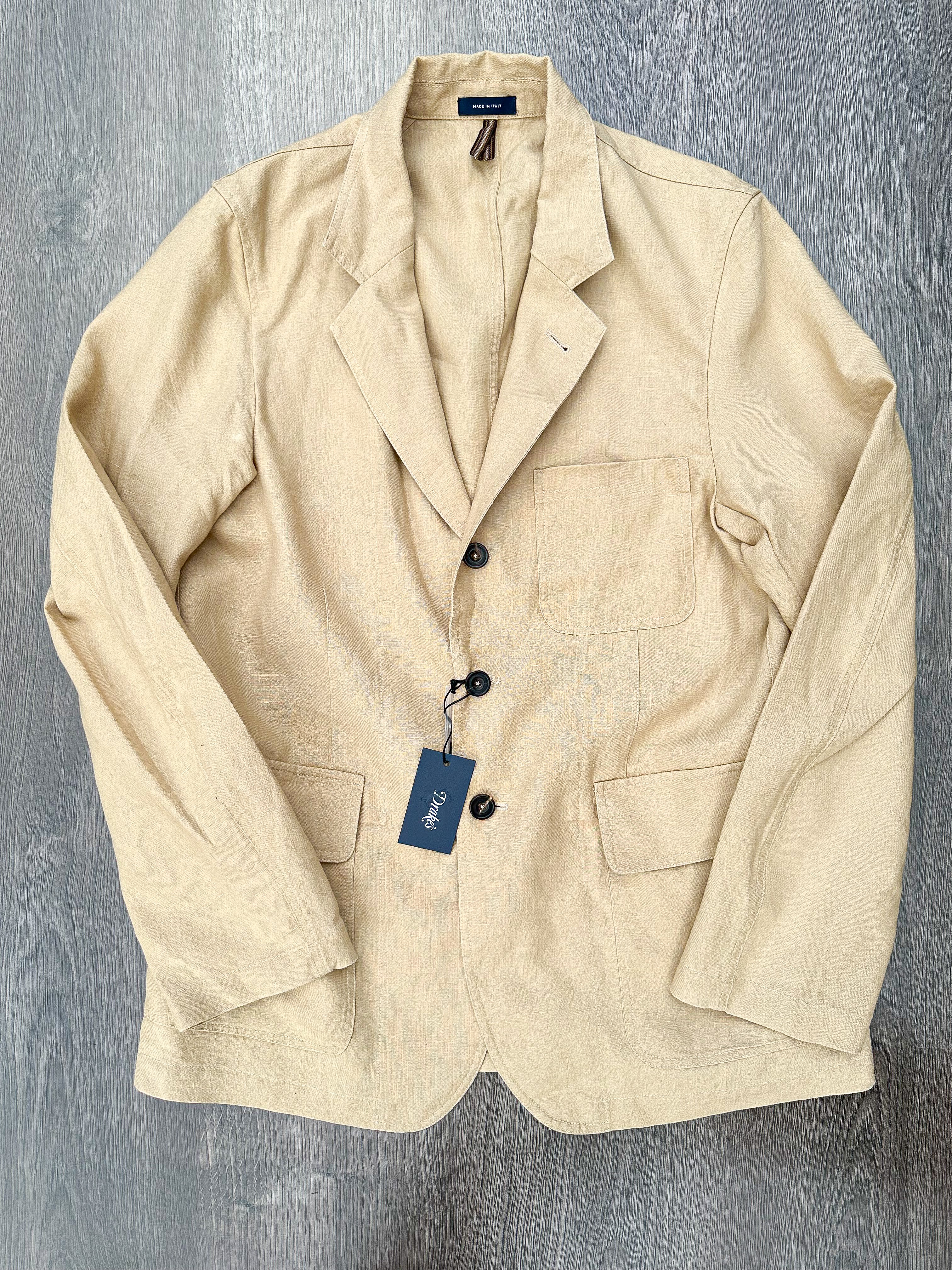 Drake's Linen Stone Unstructured Suit Blazer Jacket