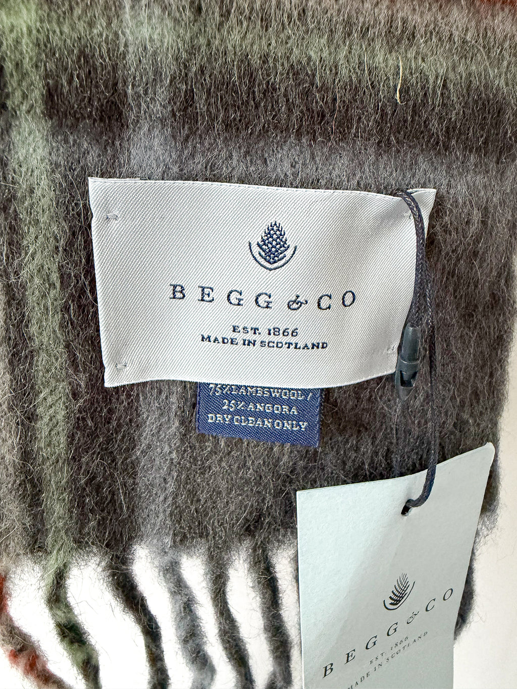 Begg X Co Jura Stuart Check Print Oversized Lambswool Angora Scarf Dark Grey