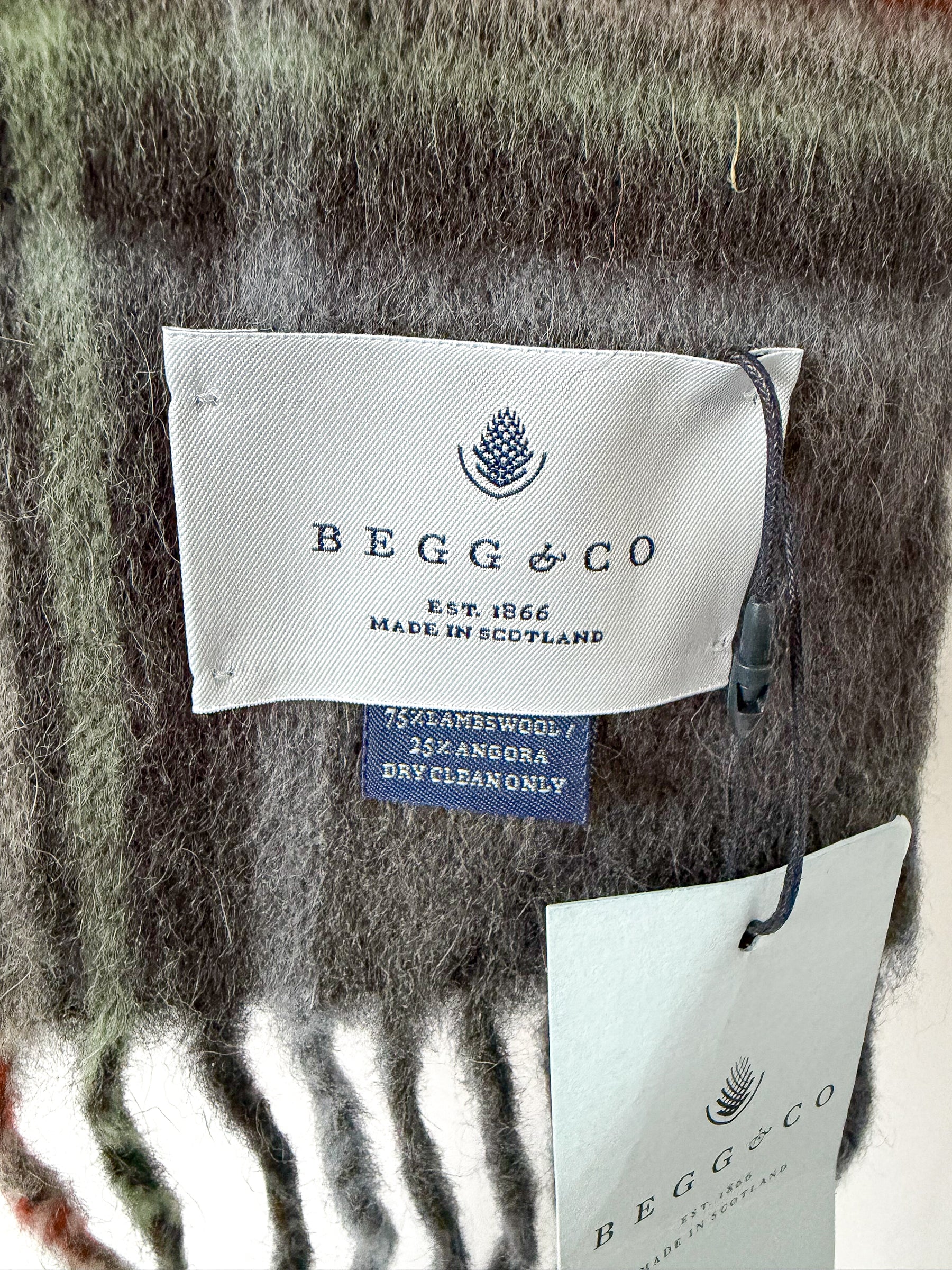 Begg X Co Jura Stuart Check Print Oversized Lambswool Angora Scarf Dark Grey