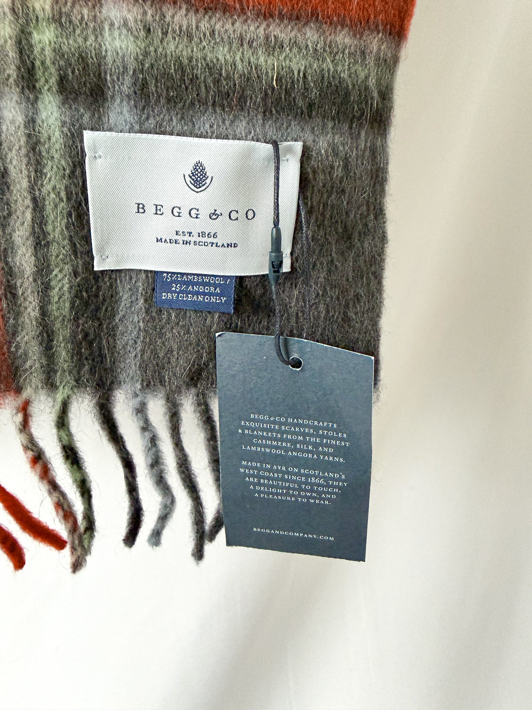 Begg X Co Jura Stuart Check Print Oversized Lambswool Angora Scarf Dark Grey