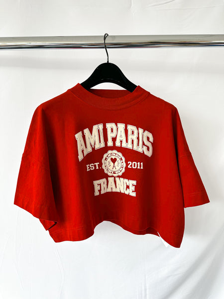 Ami Paris France Logo Front Red Crop Boxy T-Shirt Top – House Of