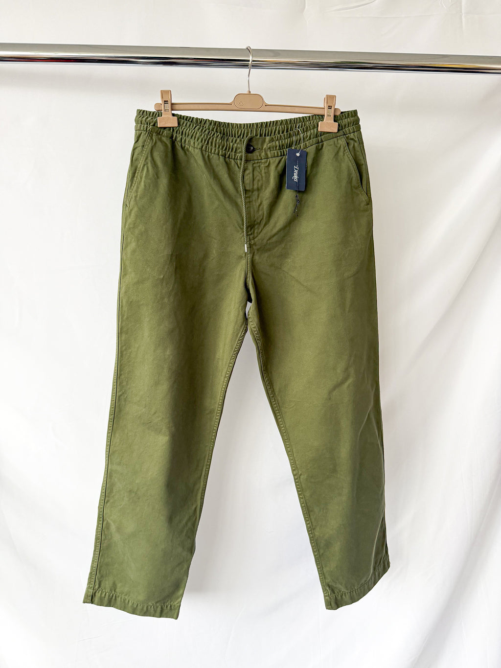 Drake's Olive Cotton Drawstring Trousers