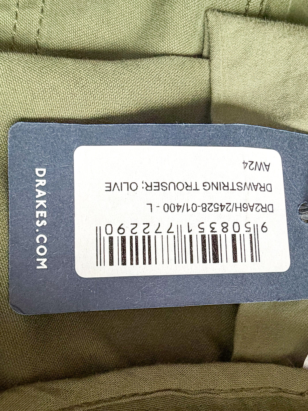 Drake's Olive Cotton Drawstring Trousers