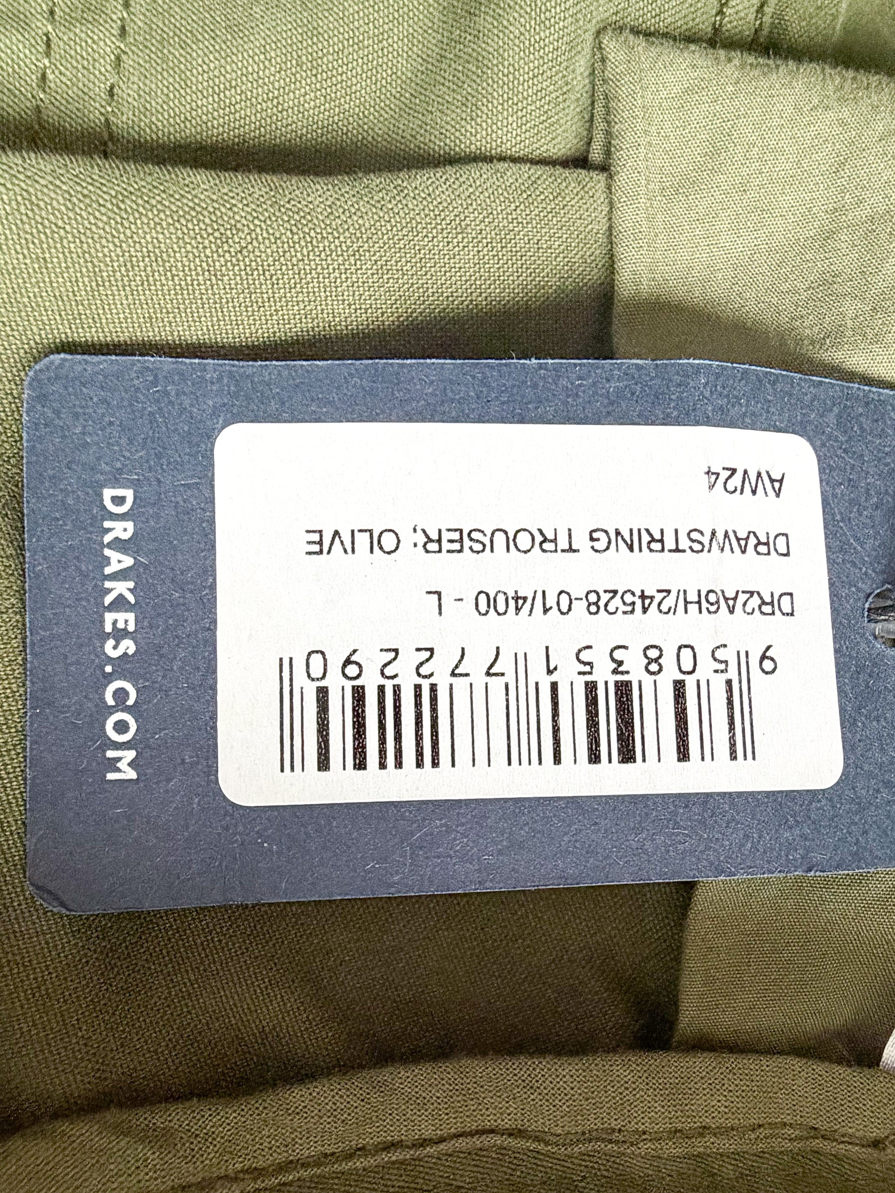 Drake's Olive Cotton Drawstring Trousers