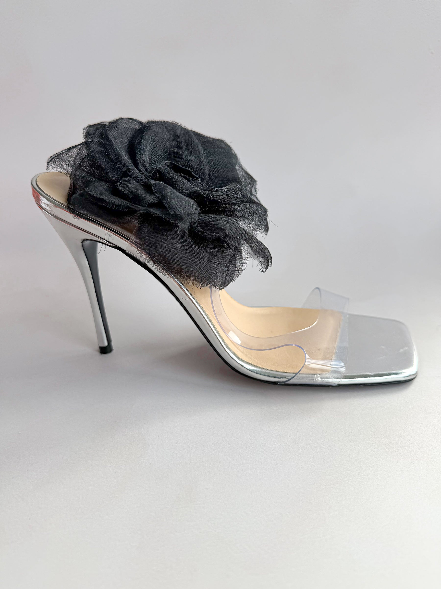 Magda Butrym Black 3D Flower Applique Sandal Heels