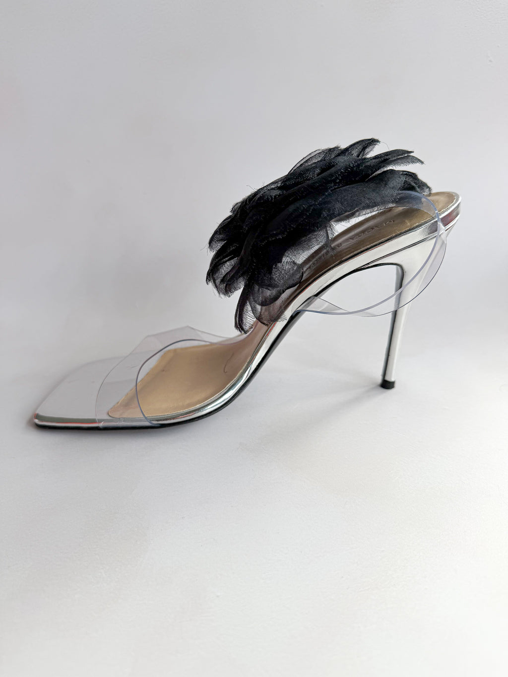 Magda Butrym Black 3D Flower Applique Sandal Heels