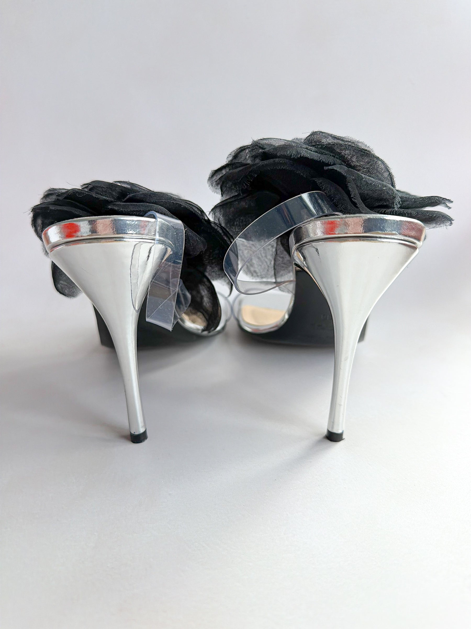 Magda Butrym Black 3D Flower Applique Sandal Heels