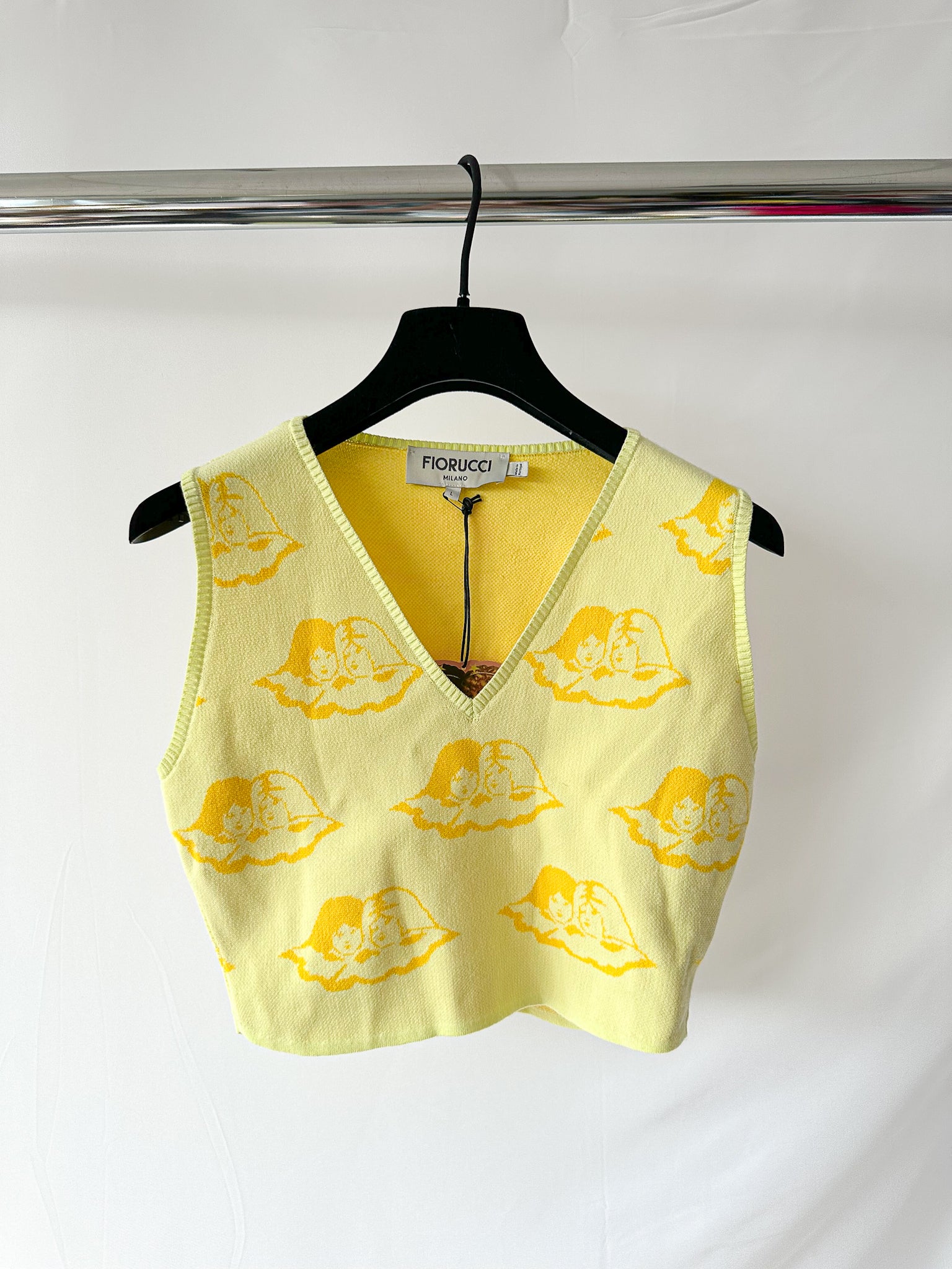 Fiorucci Yellow Angel Cherub Print Knit V-Neck Top