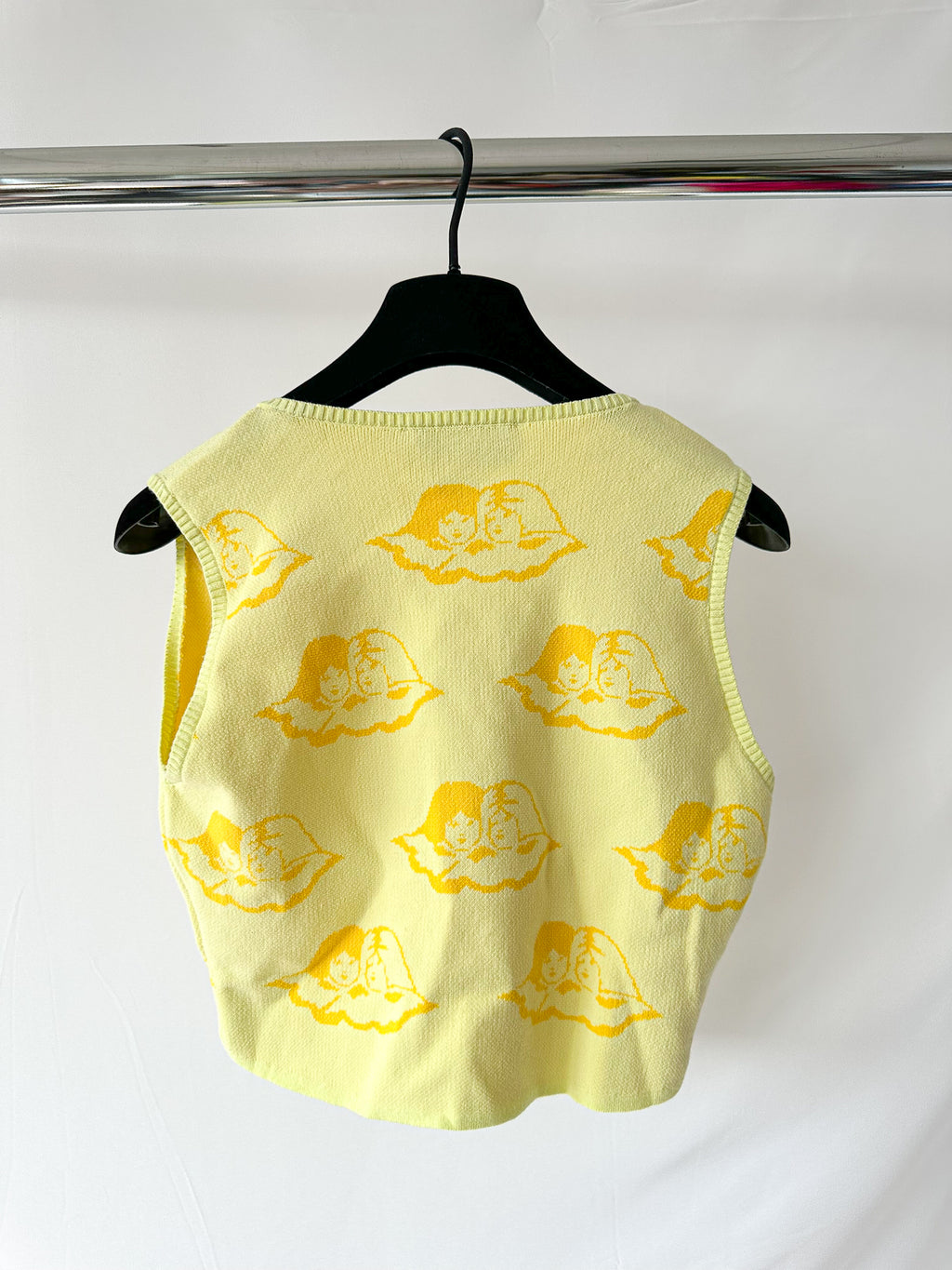 Fiorucci Yellow Angel Cherub Print Knit V-Neck Top