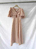 AJE DusK Pink Knot Front Puff Sleeve Silk Dress