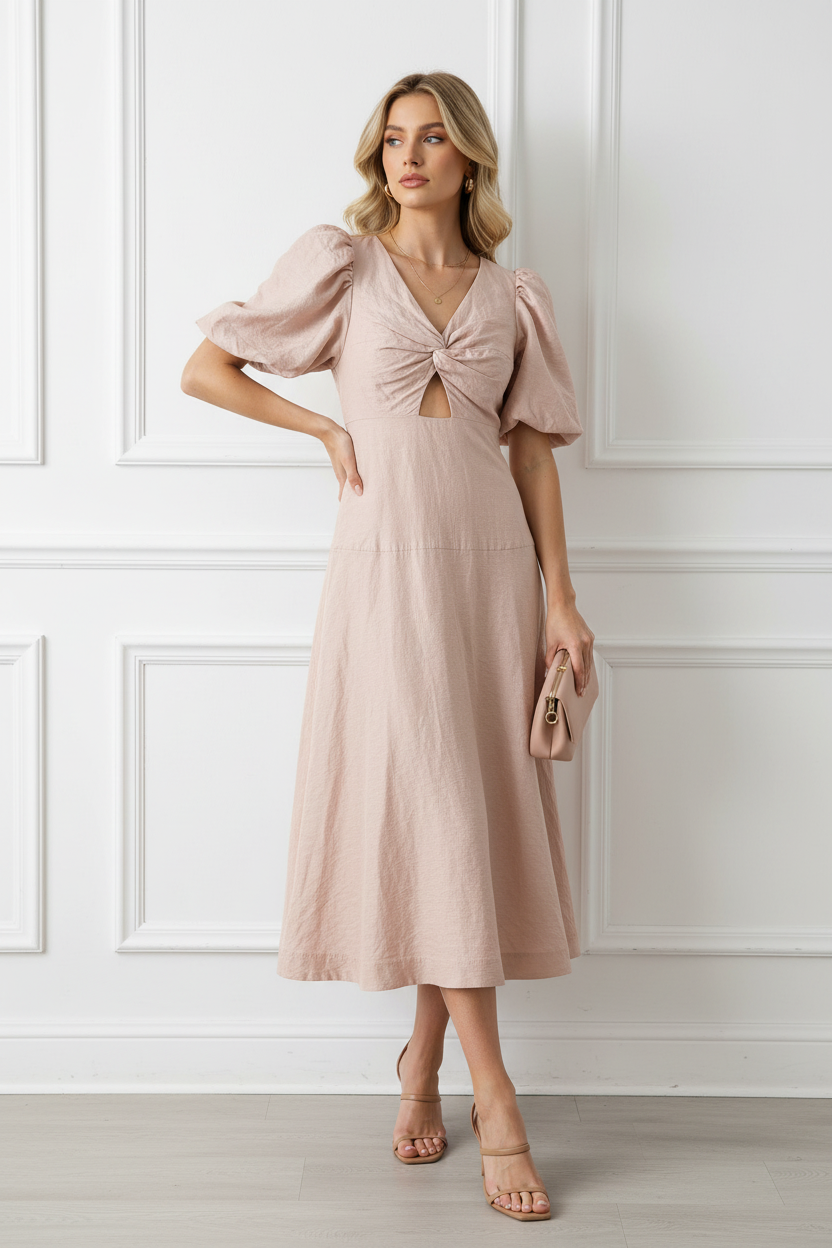 AJE DusK Rosa Seidenkleid mit geknoteter Vorderseite und Puffärmeln