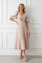 AJE DusK Rosa Seidenkleid mit geknoteter Vorderseite und Puffärmeln