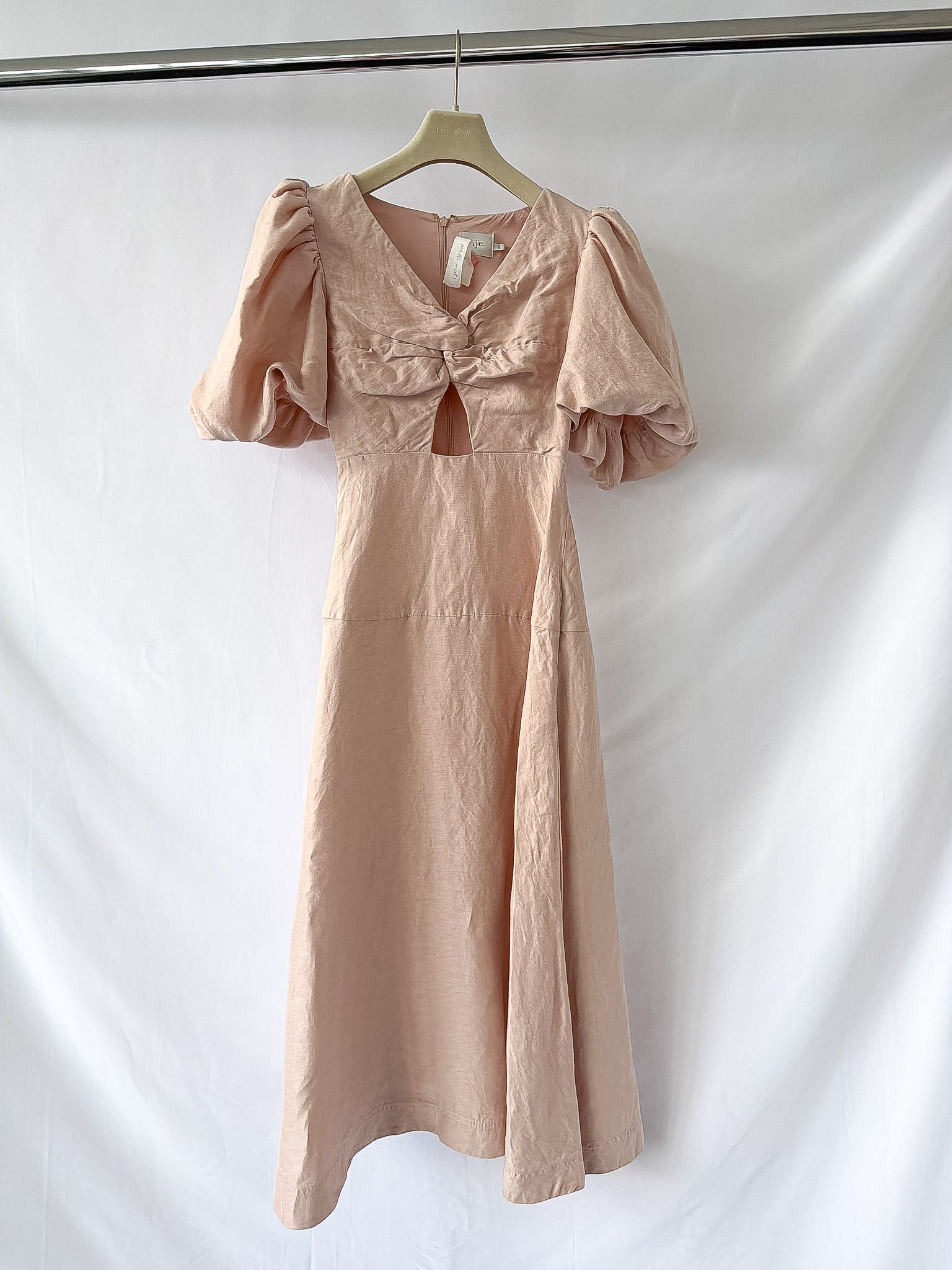 AJE DusK Pink Knot Front Puff Sleeve Silk Dress