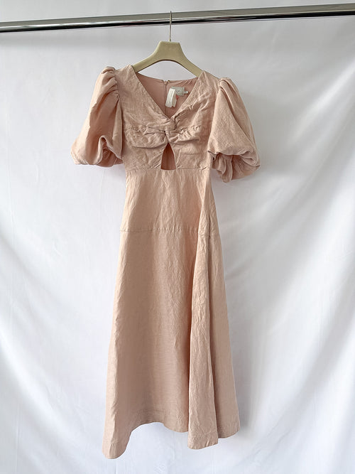AJE DusK Pink Knot Front Puff Sleeve Silk Dress
