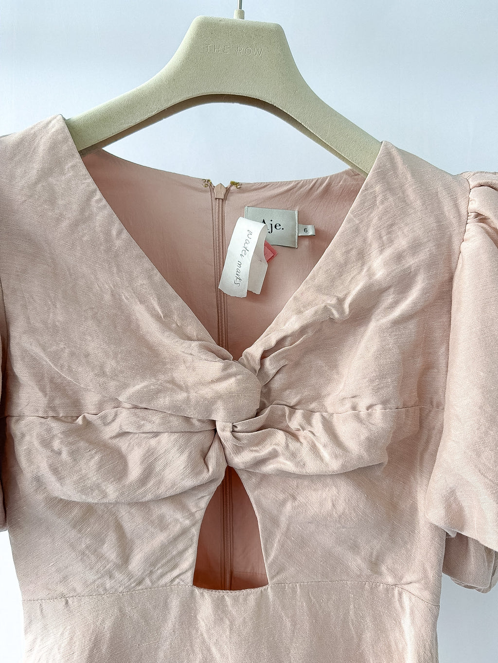 AJE DusK Pink Knot Front Puff Sleeve Silk Dress