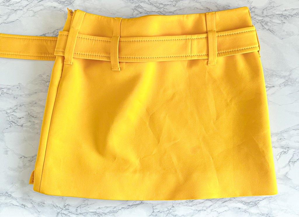 Prada Yellow Ruffle Trim Belted Logo Patch Mini Skirt