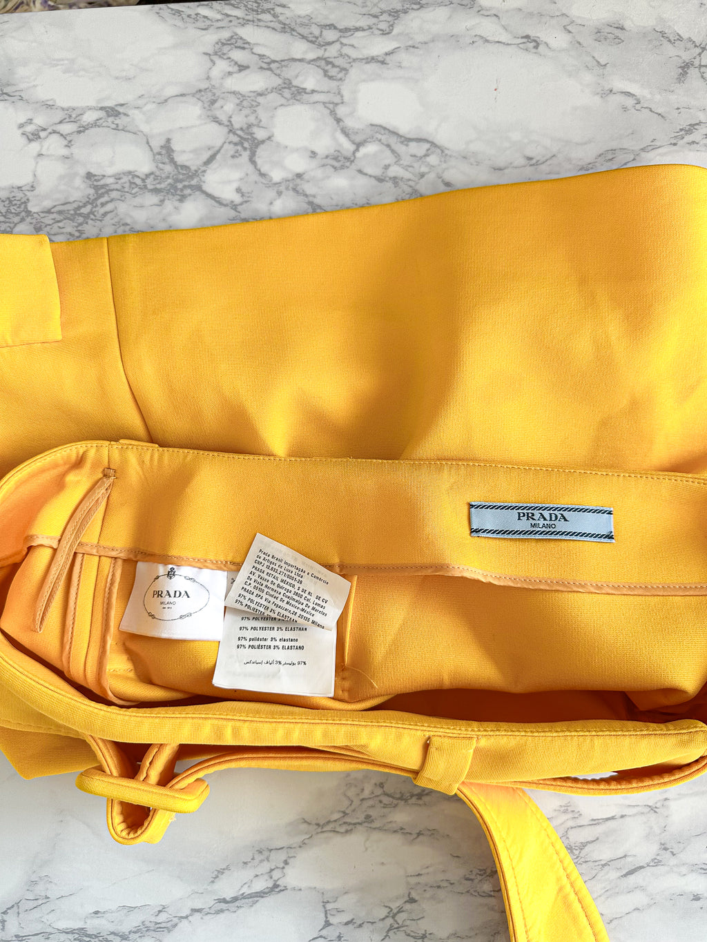 Prada Yellow Ruffle Trim Belted Logo Patch Mini Skirt