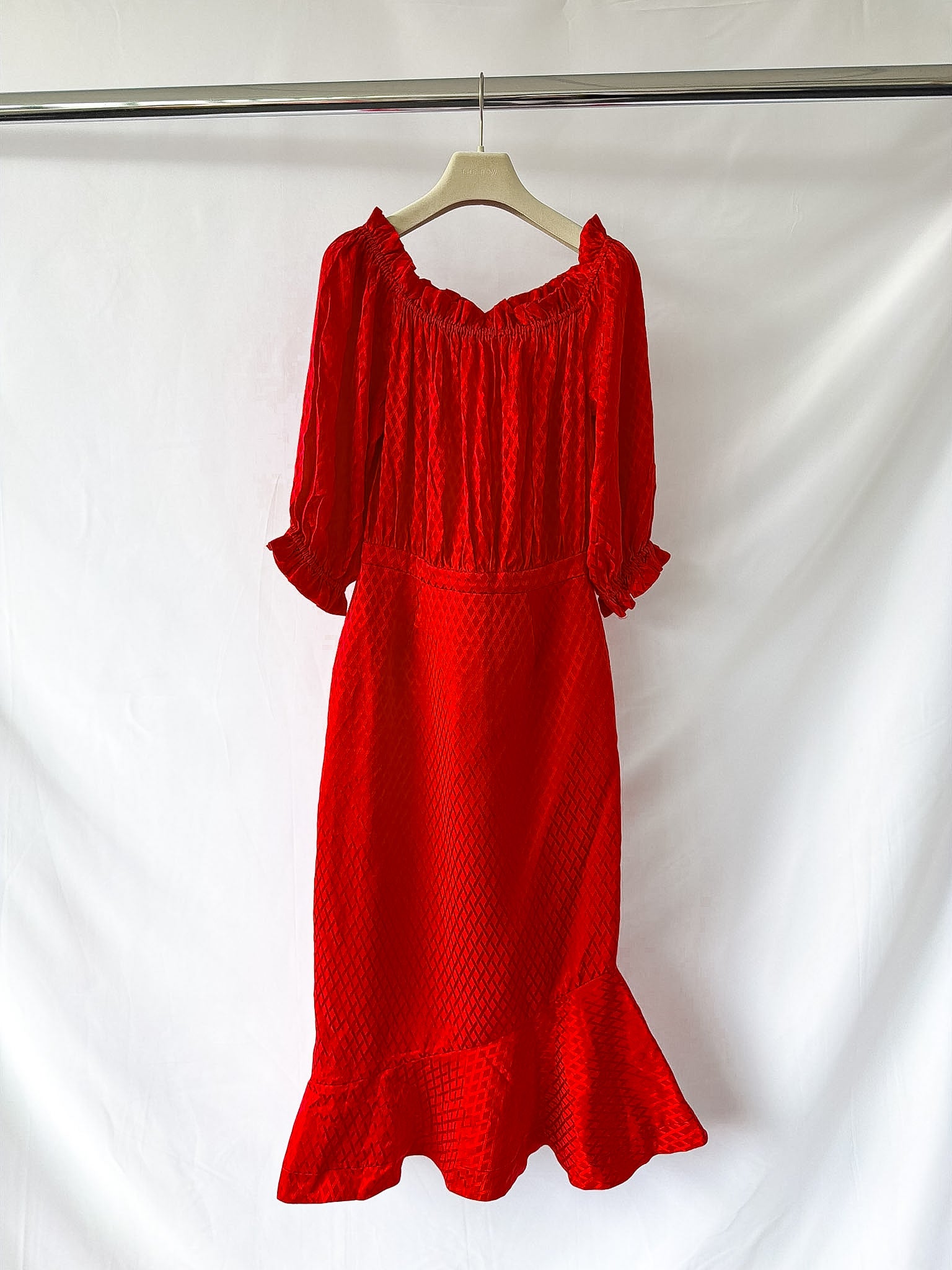 Saloni Grace Off The Shoulder Silk Satin Jacquard Midi Dress