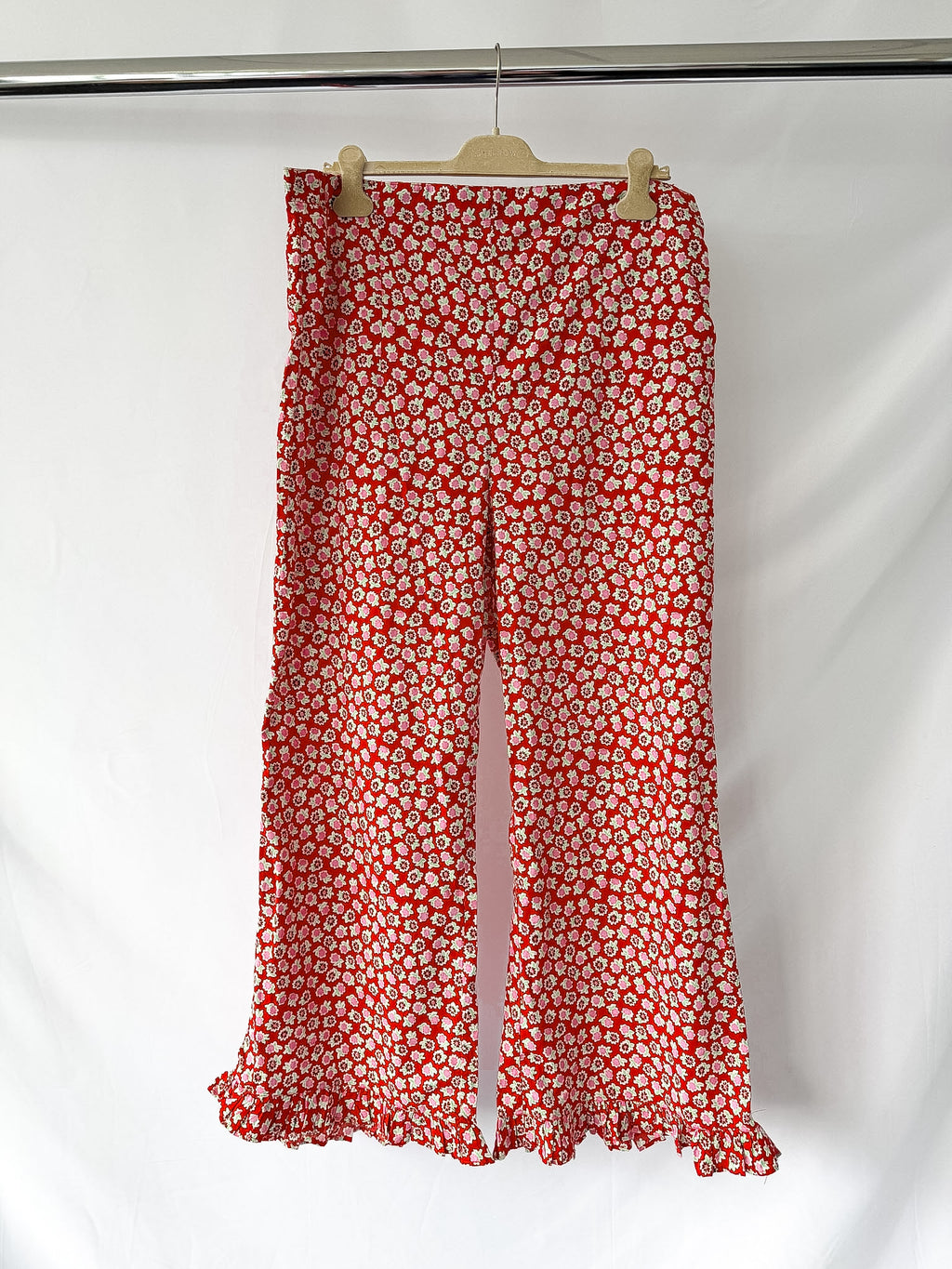 Bathsheva Red Floral Print Ruffle Hem Straight Leg Trousers