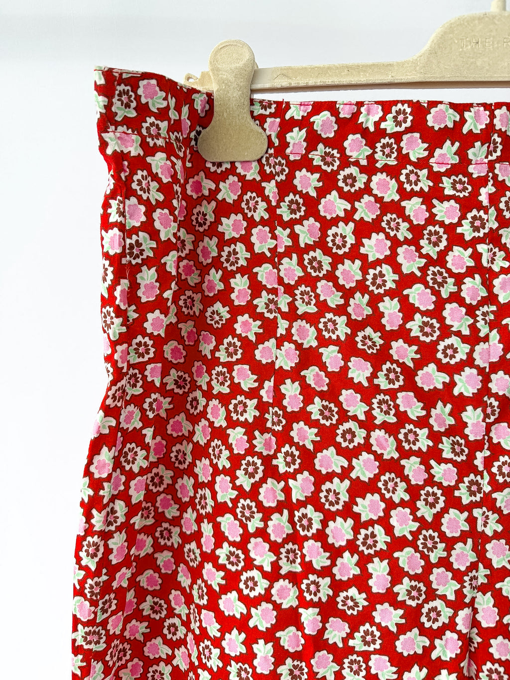 Bathsheva Red Floral Print Ruffle Hem Straight Leg Trousers