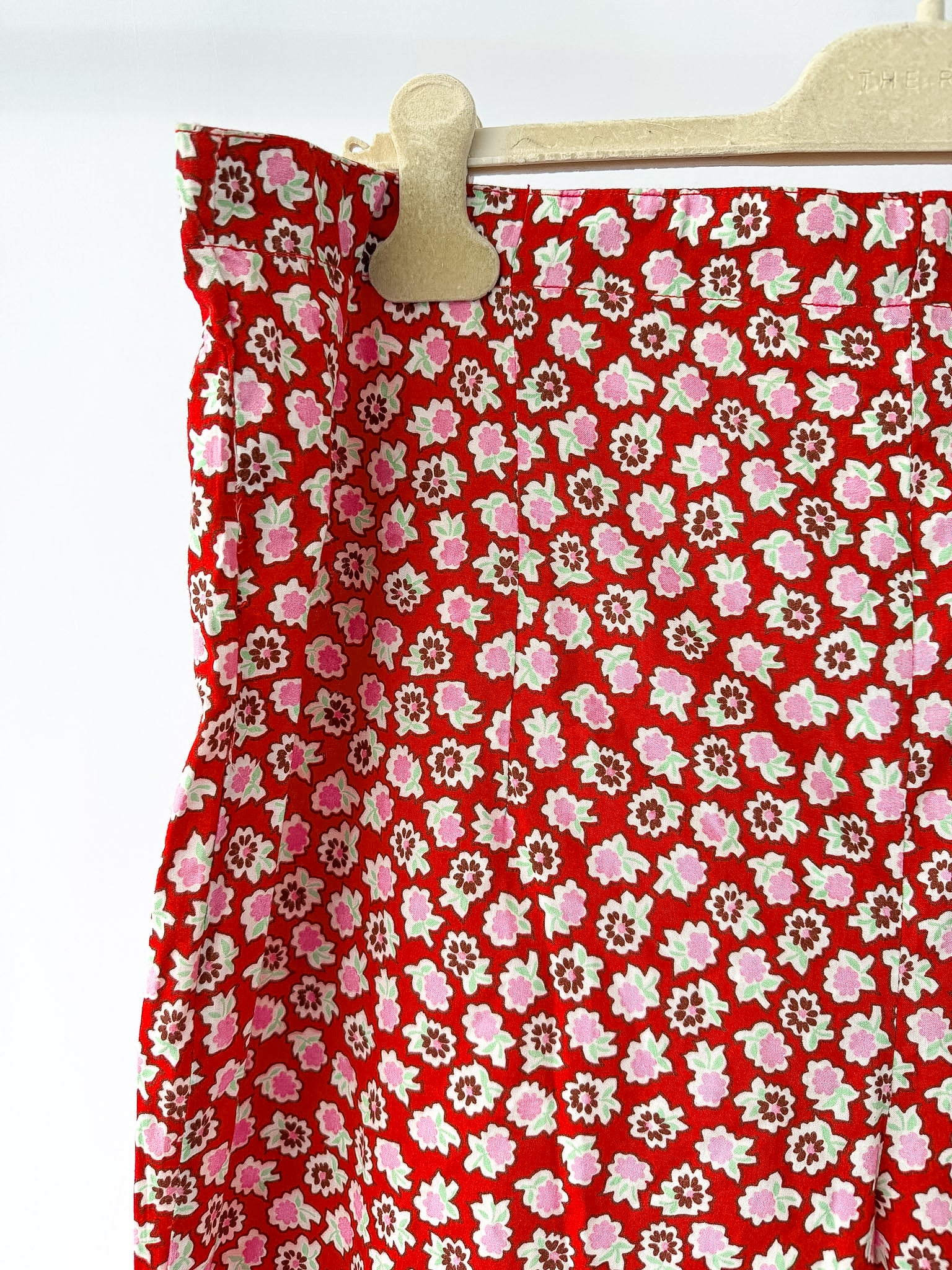 Bathsheva Red Floral Print Ruffle Hem Straight Leg Trousers