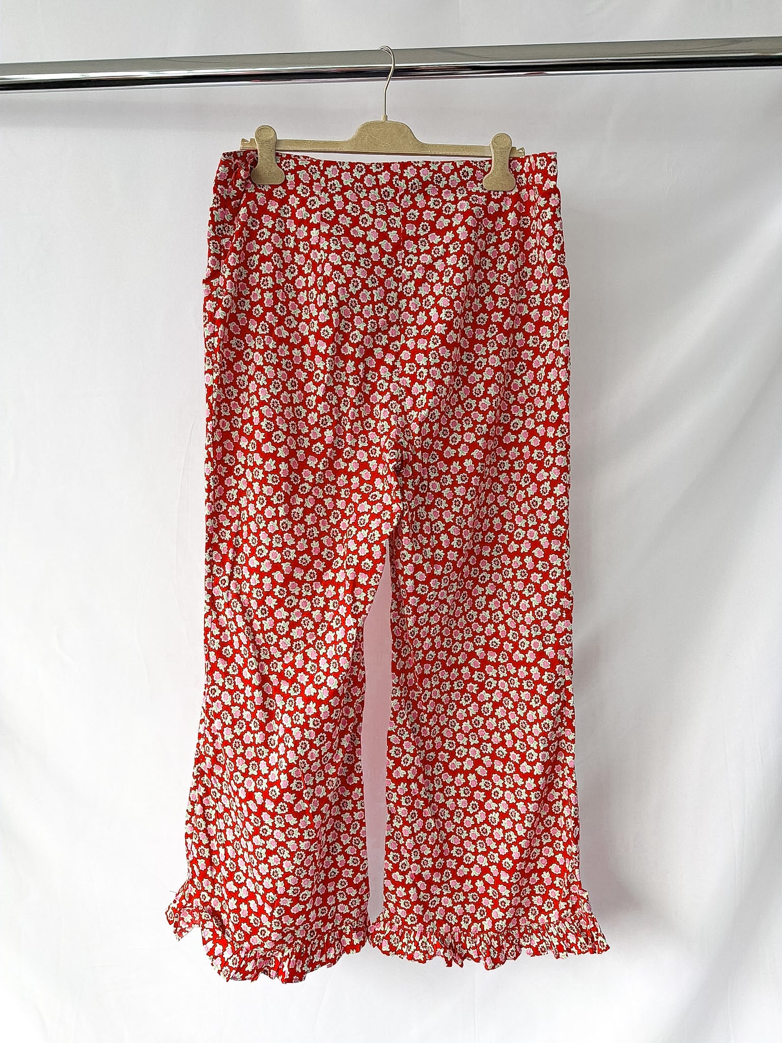 Bathsheva Red Floral Print Ruffle Hem Straight Leg Trousers