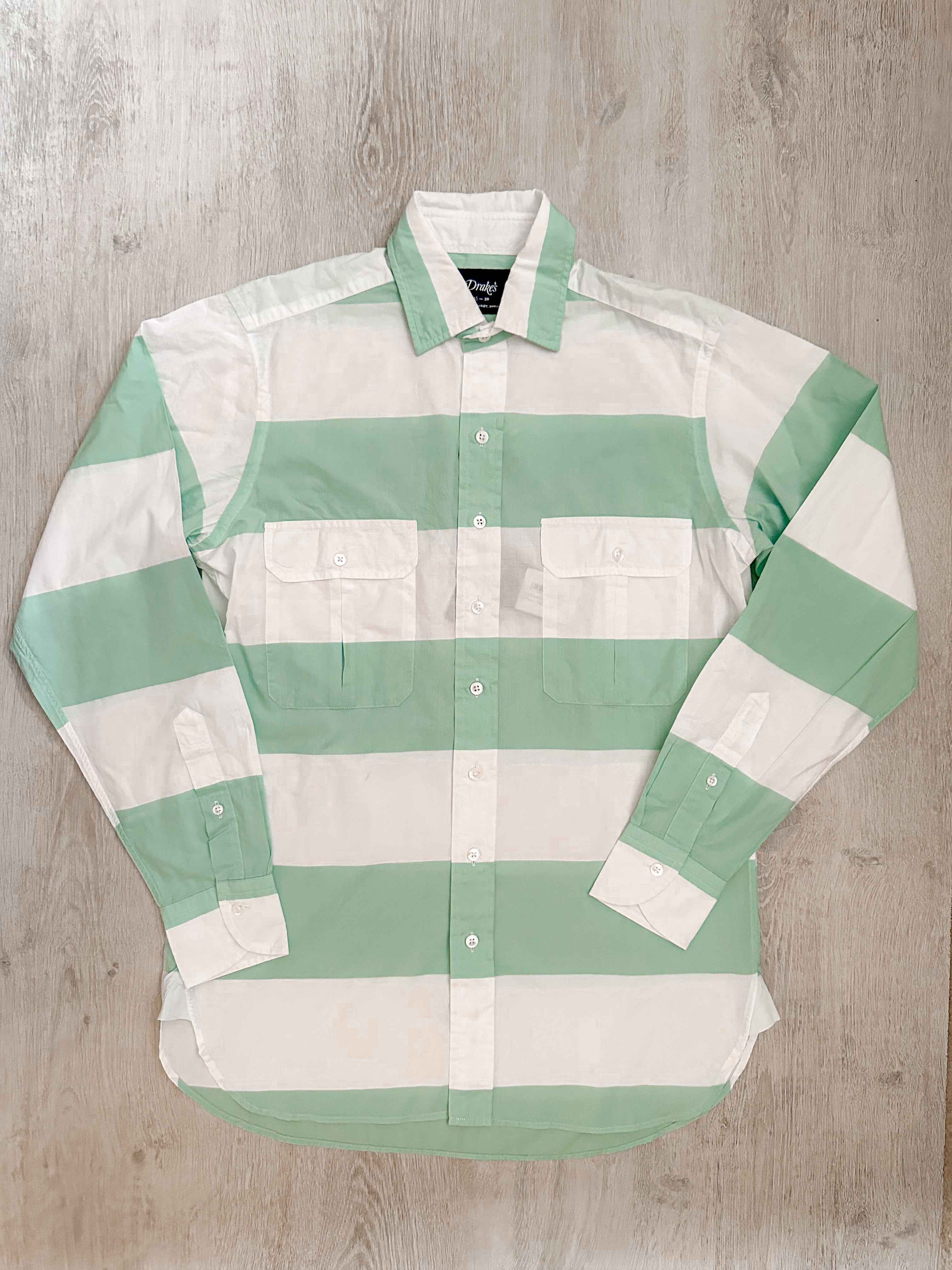 Drake's Green White Striped Double Pocket Front Long Sleeve Shirt - House Of Huntington