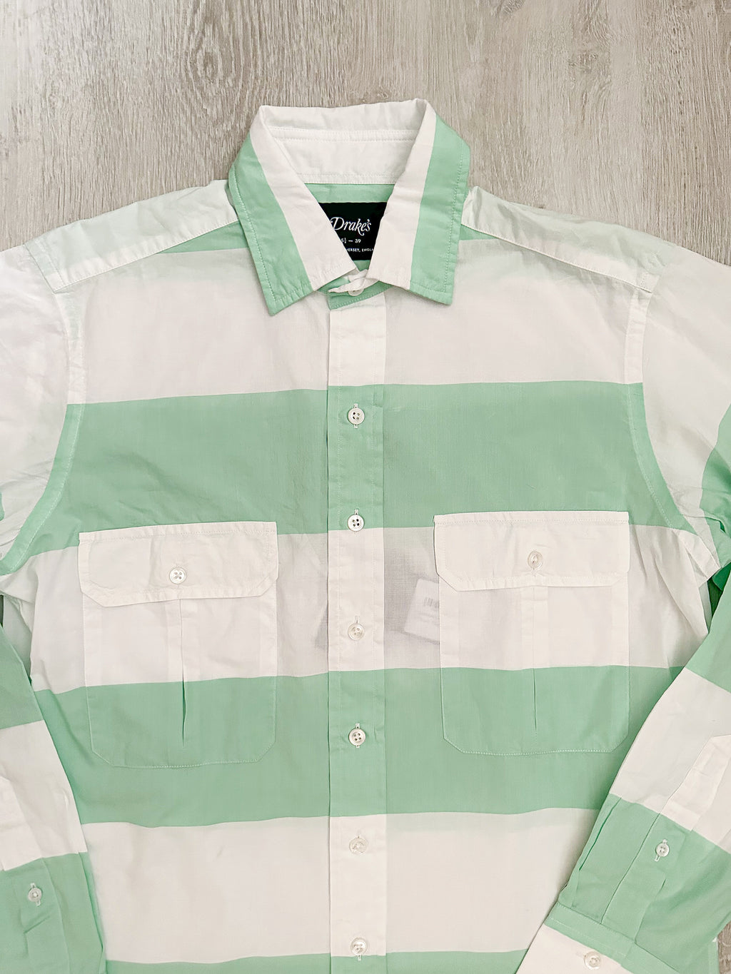 Drake's Green White Striped Double Pocket Front Long Sleeve Shirt - House Of Huntington
