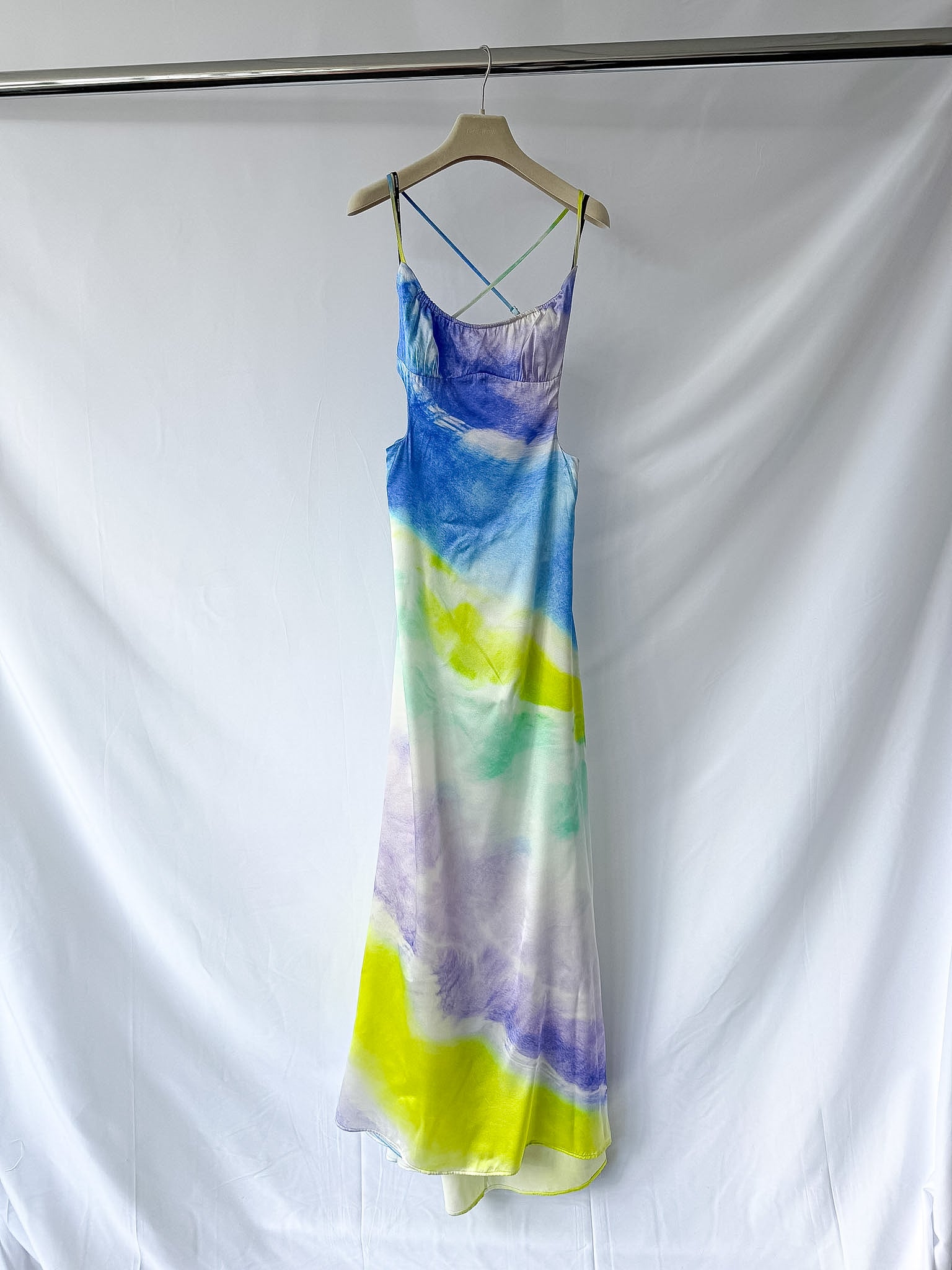 Retrofete Pastel Silk Backless Thigh Slit Scarlett Dress (MINOR FLAWS)