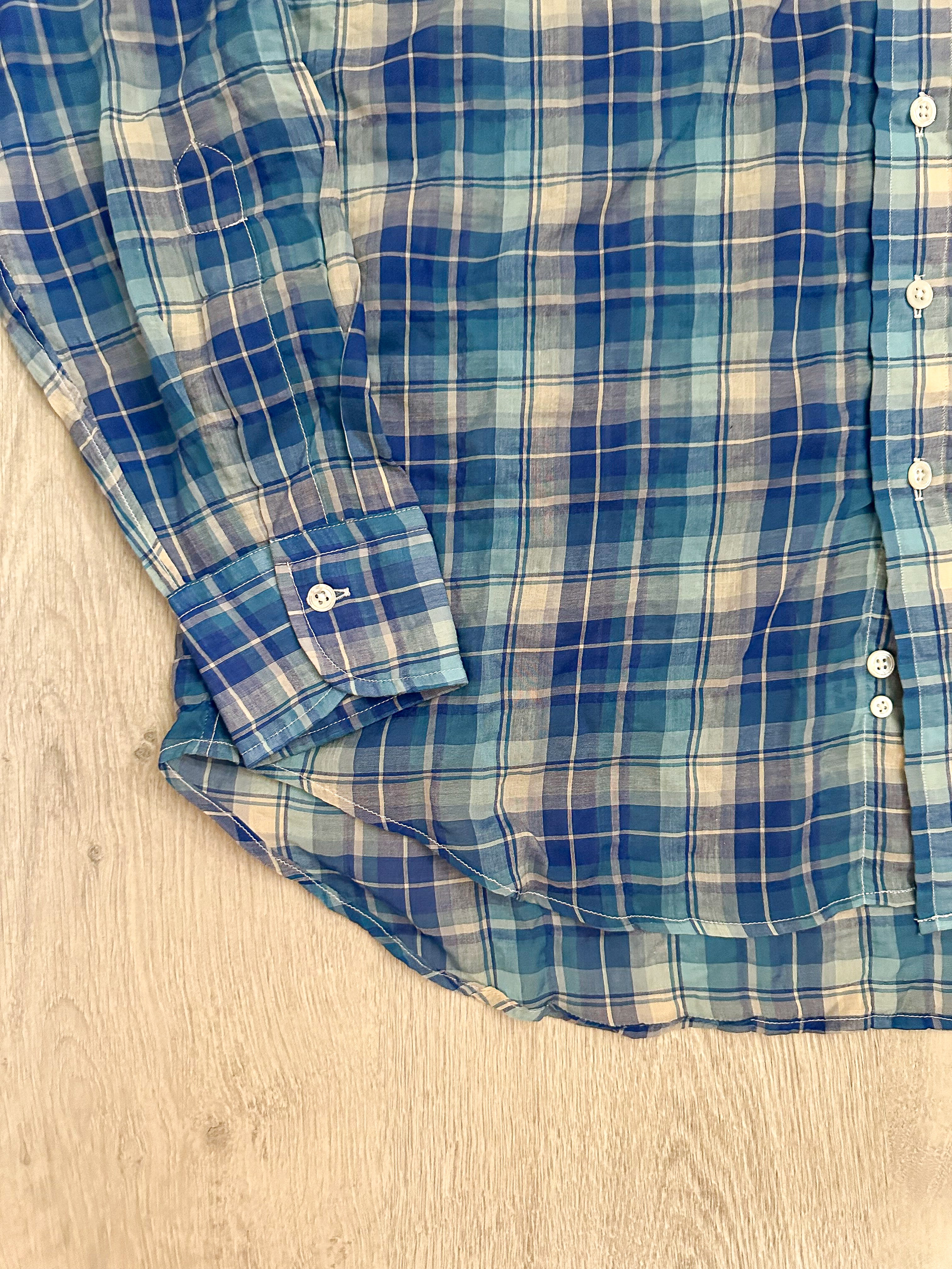 Drake's Blue White Light Weight Check Long Sleeve Collared Shirt - House Of Huntington