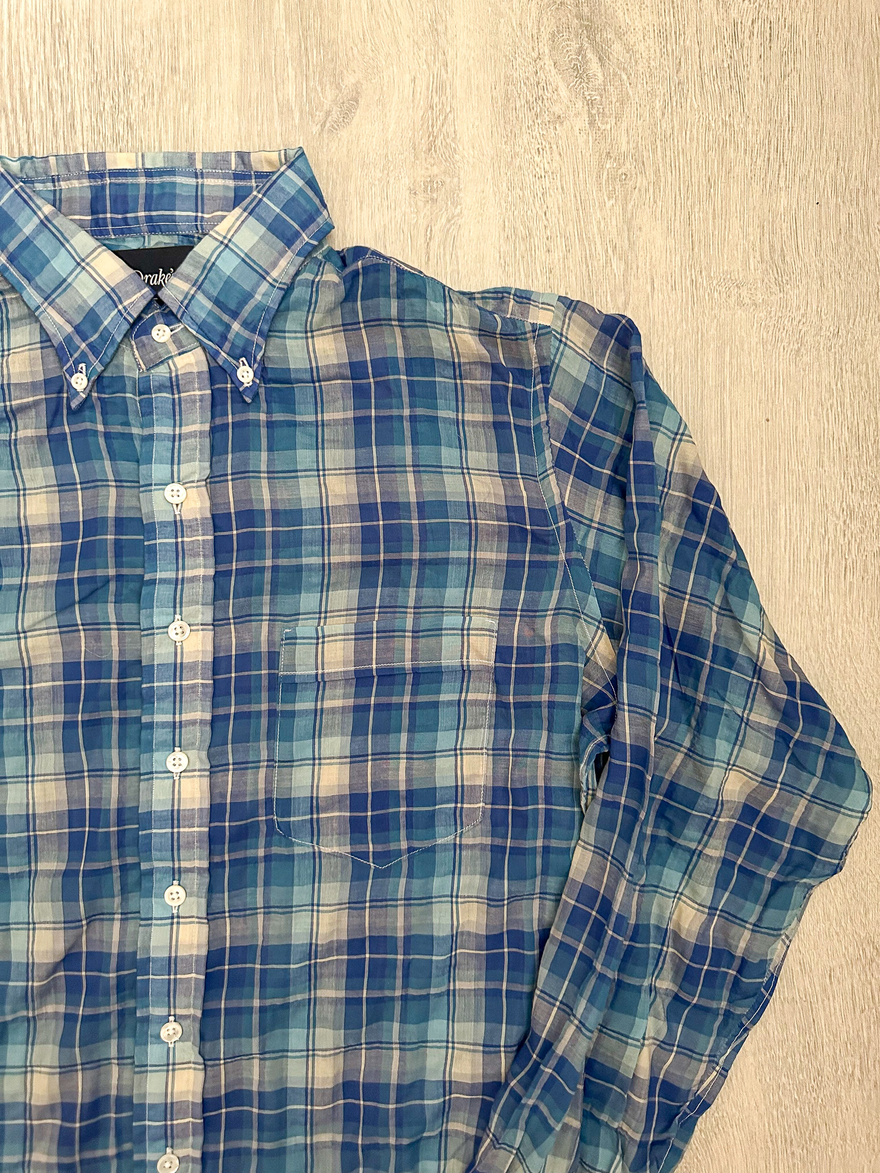 Drake's Blue White Light Weight Check Long Sleeve Collared Shirt - House Of Huntington