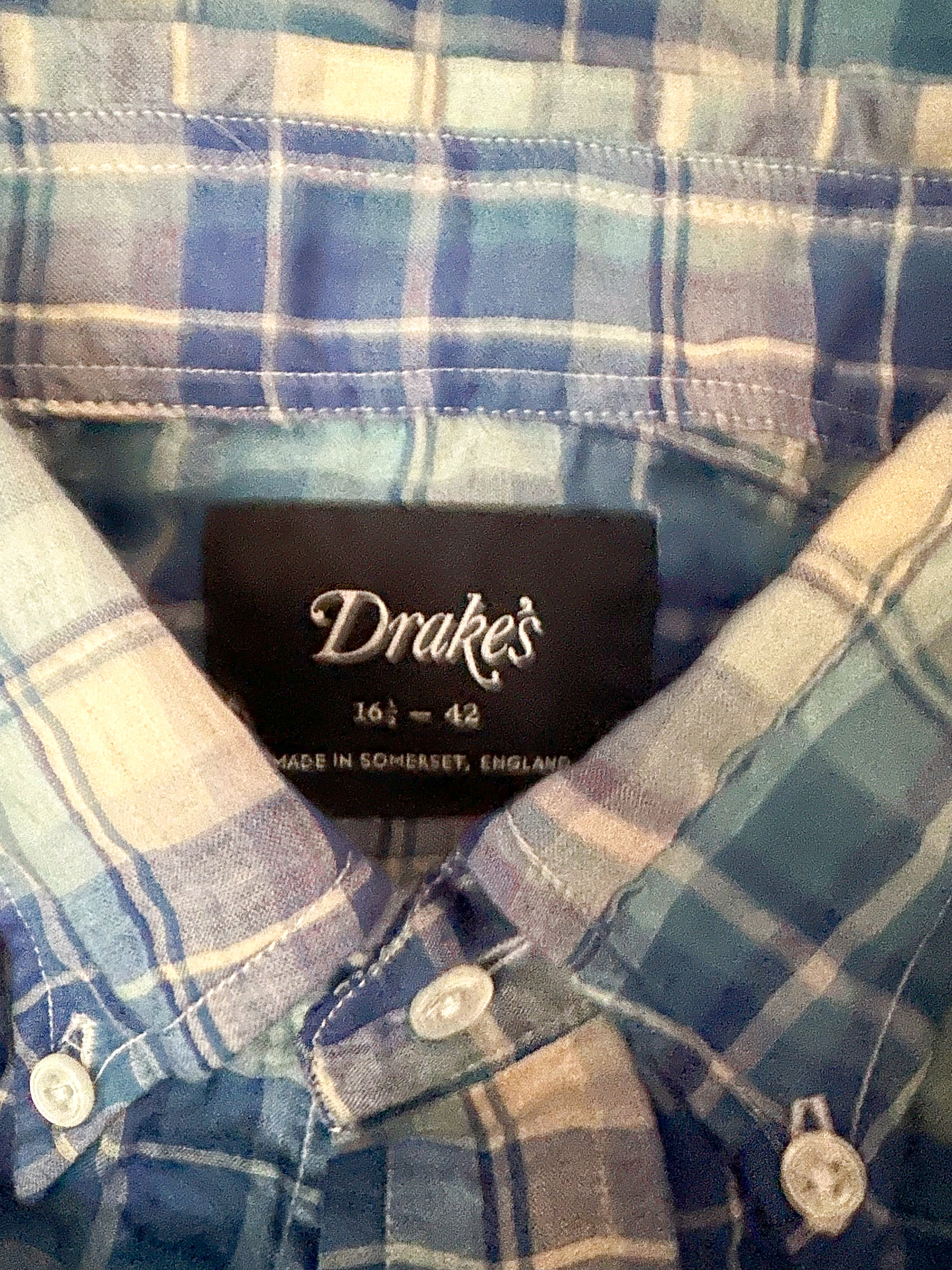 Drake's Blue White Light Weight Check Long Sleeve Collared Shirt - House Of Huntington