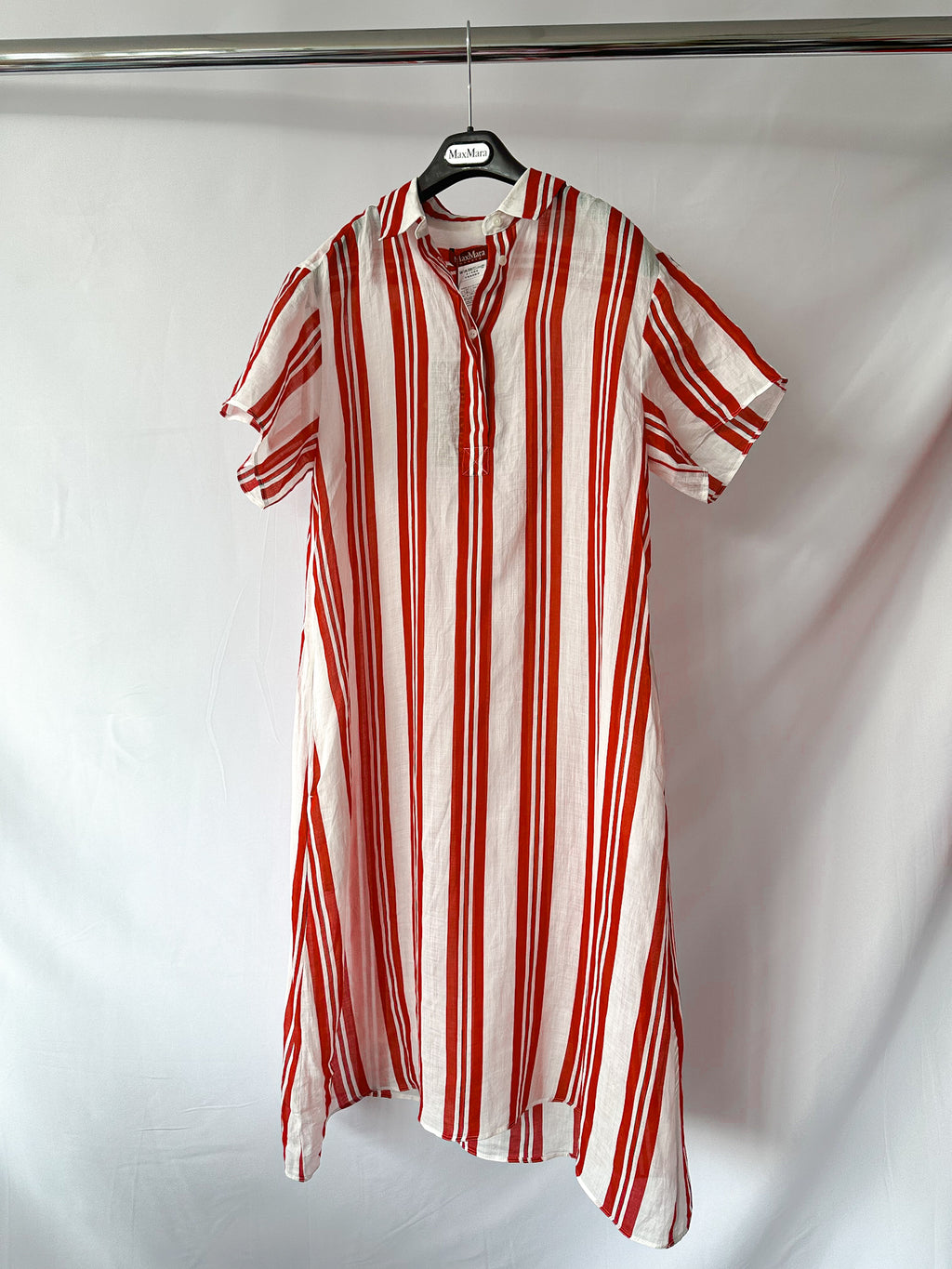 Max Mara Red White Striped Ramie Fabric Shirt Dress