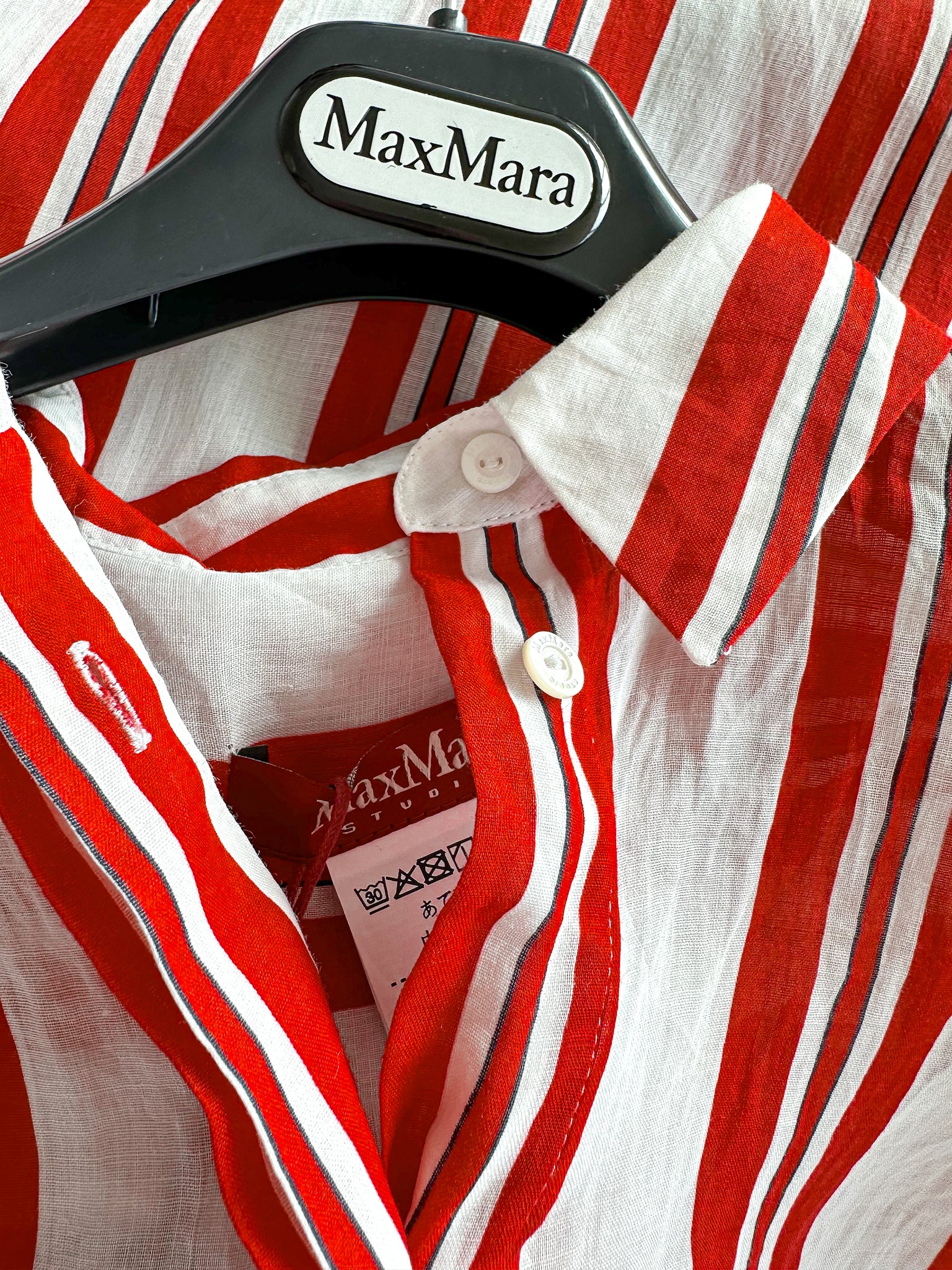 Max Mara Red White Striped Ramie Fabric Shirt Dress