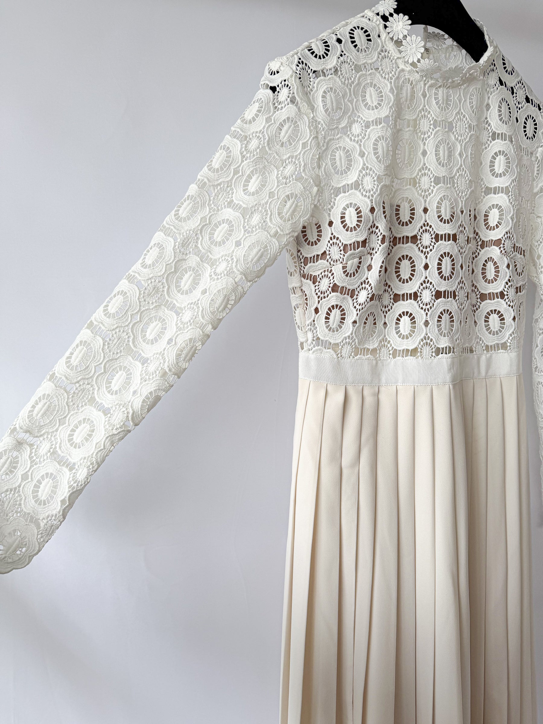 Self-Portrait White Pleated Crochet Floral Maxi Dress