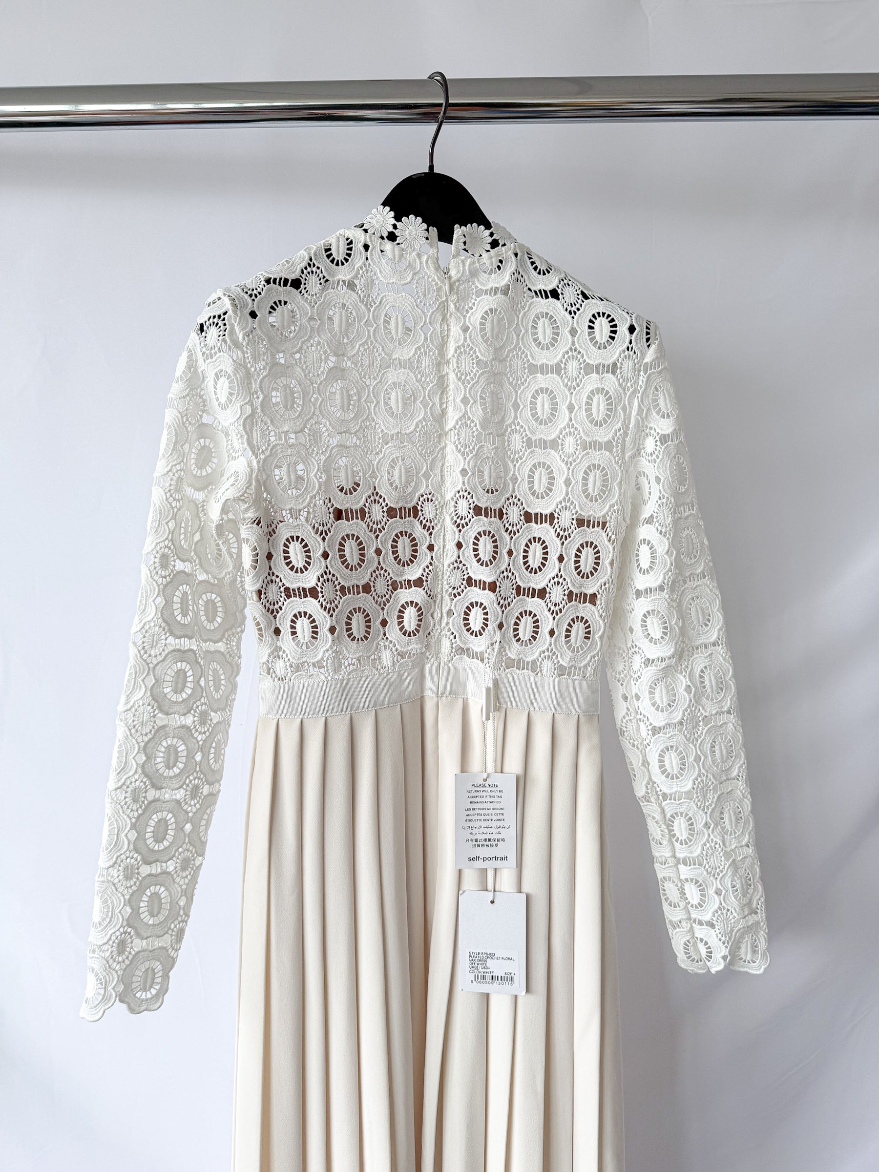 Self-Portrait White Pleated Crochet Floral Maxi Dress