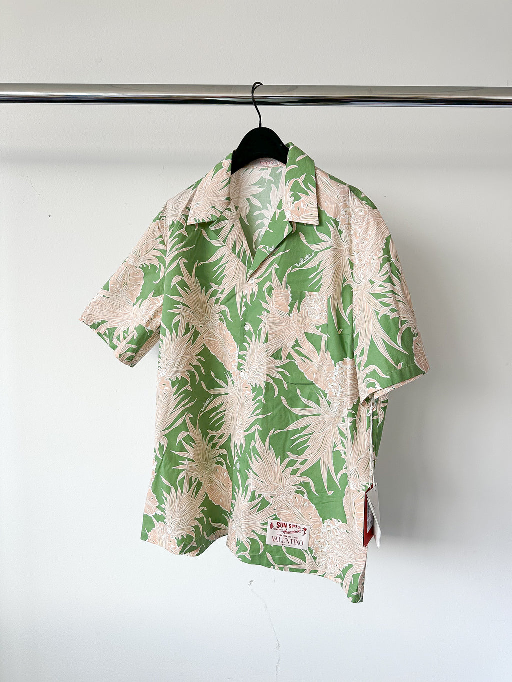 Valentino Green Pineapple Print Cotton Hawaiian Bowling Shirt