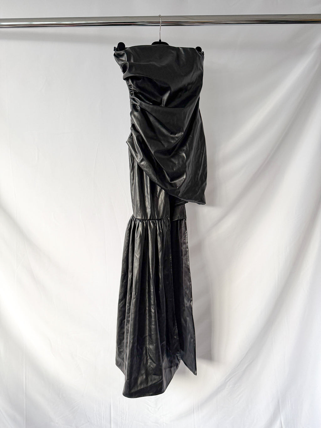 David Koma Black Pleather Strapless Train Detail Mini Dress