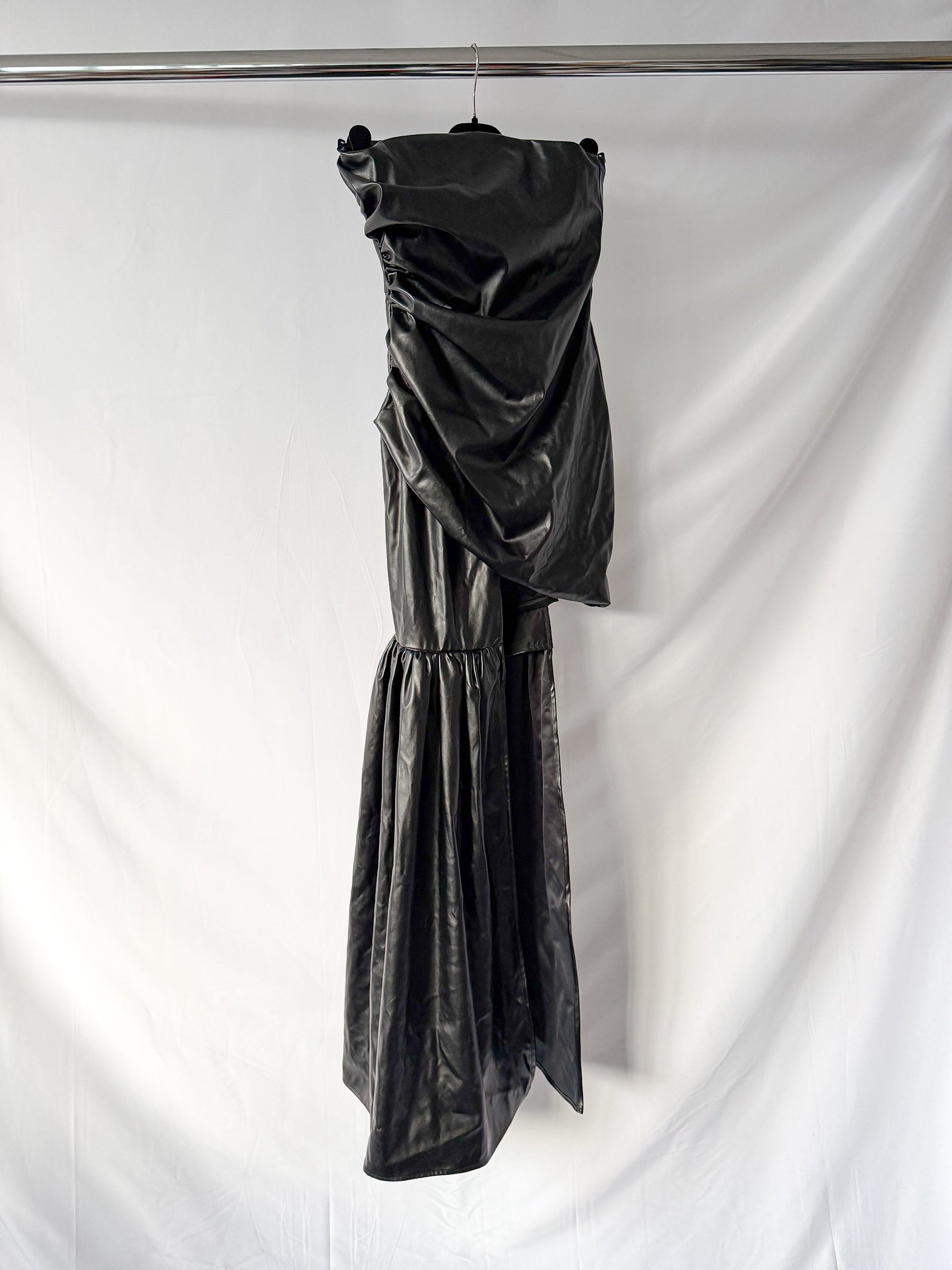 David Koma Black Pleather Strapless Train Detail Mini Dress