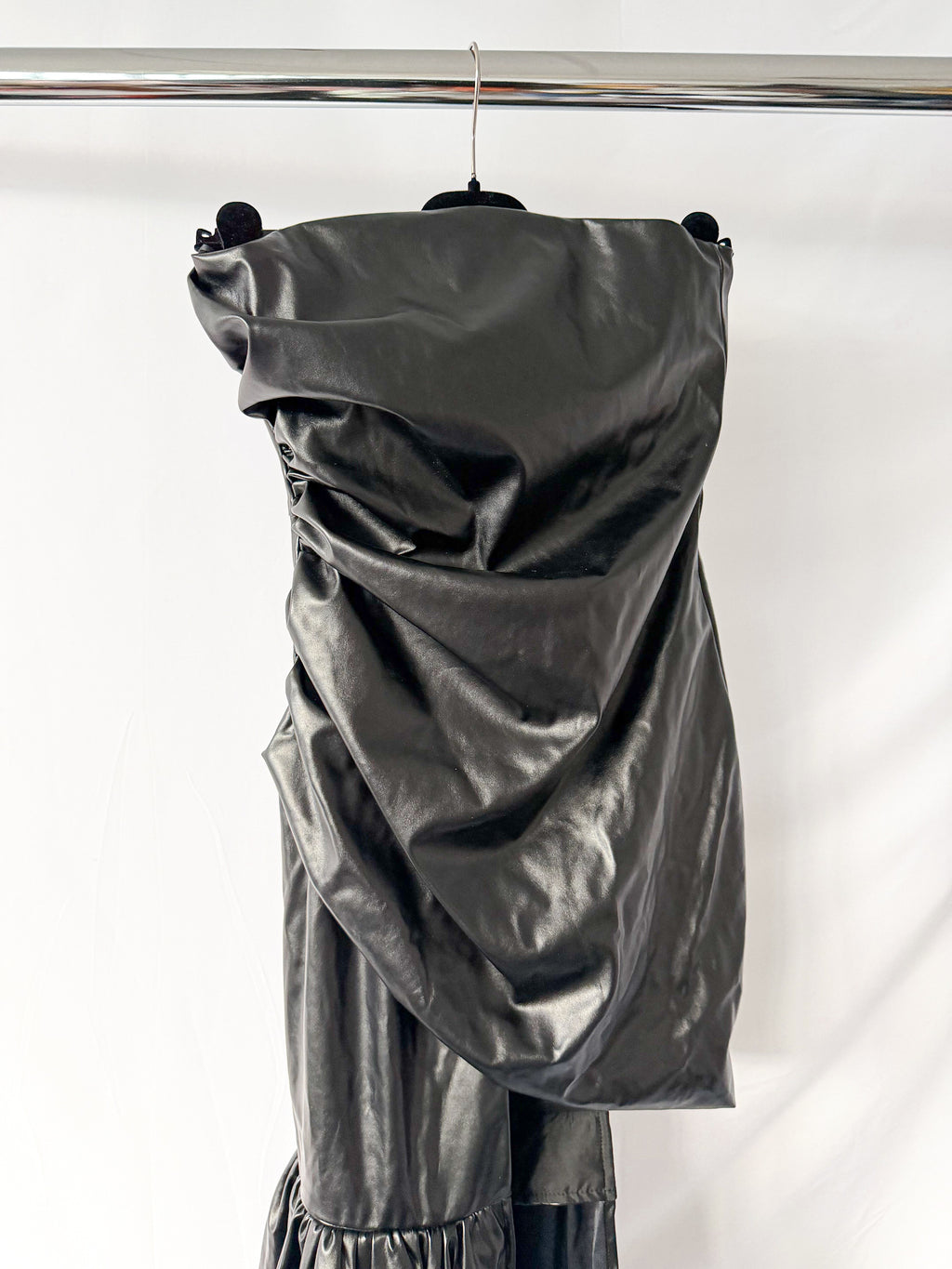 David Koma Black Pleather Strapless Train Detail Mini Dress