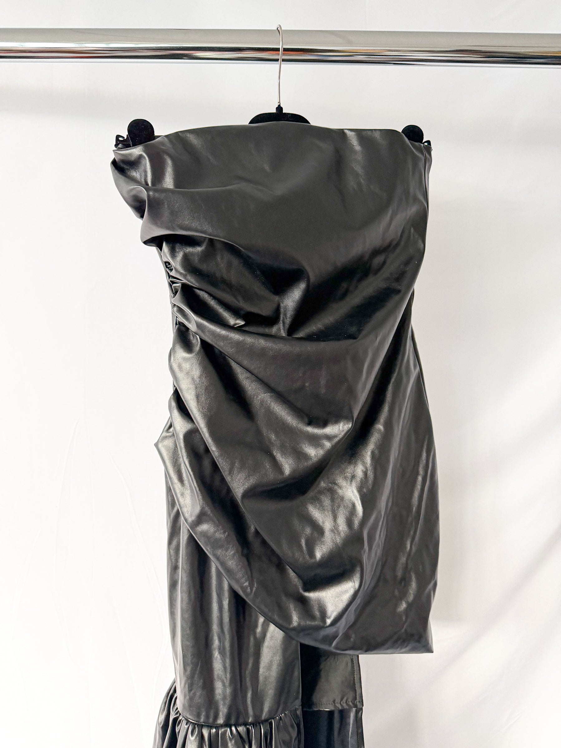 David Koma Black Pleather Strapless Train Detail Mini Dress