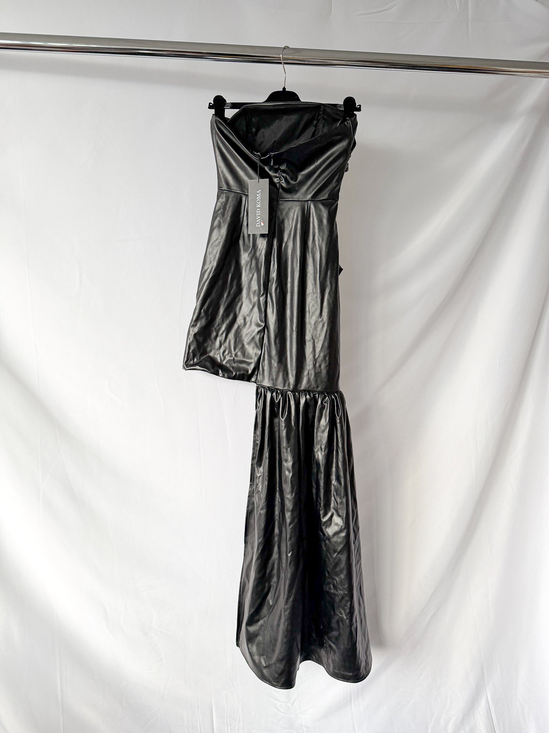 David Koma Black Pleather Strapless Train Detail Mini Dress