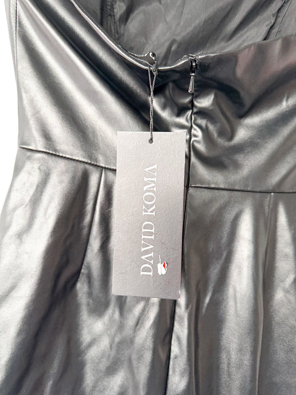 David Koma Black Pleather Strapless Train Detail Mini Dress