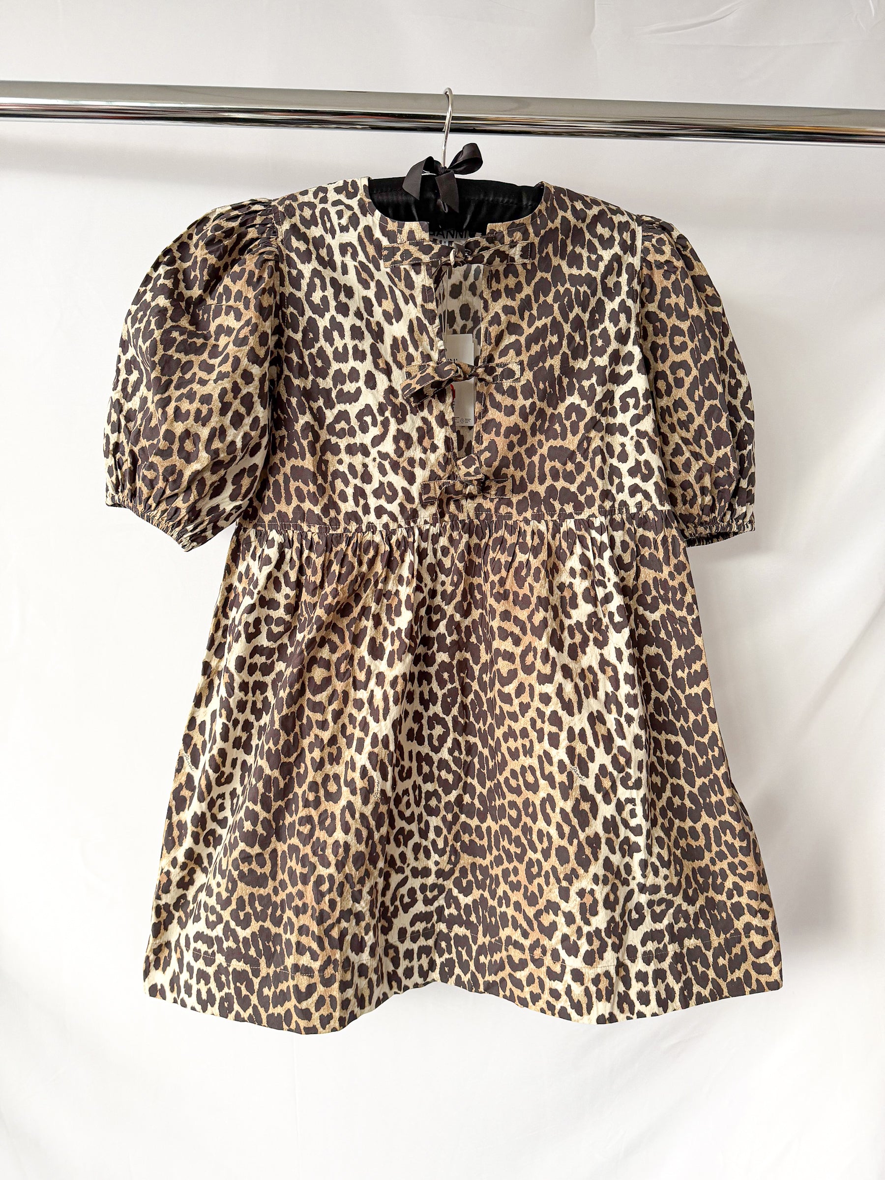 Ganni Leopard Print Poplin Puff Sleeve Bow Tie Mini Dress