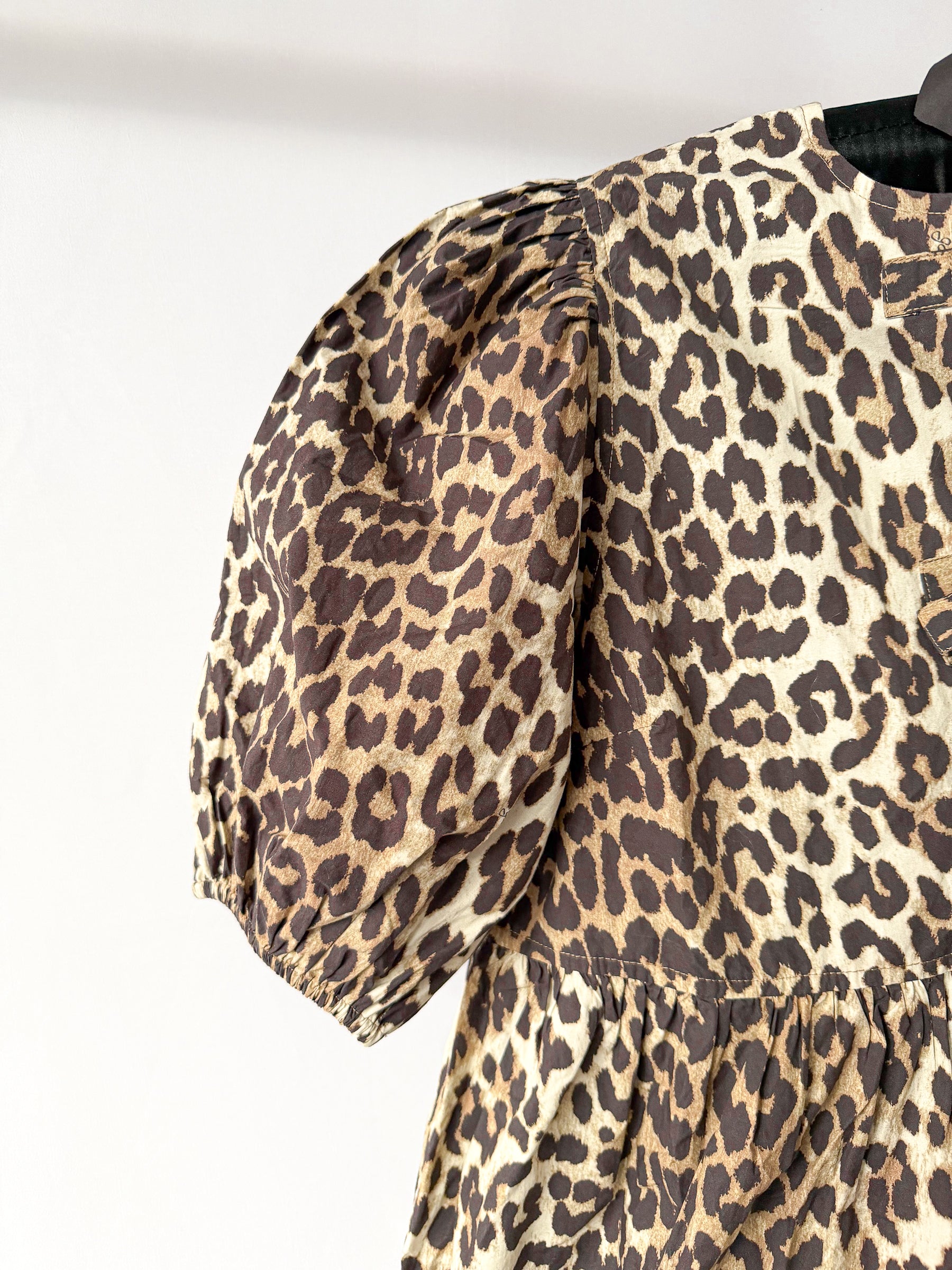 Ganni Leopard Print Poplin Puff Sleeve Bow Tie Mini Dress