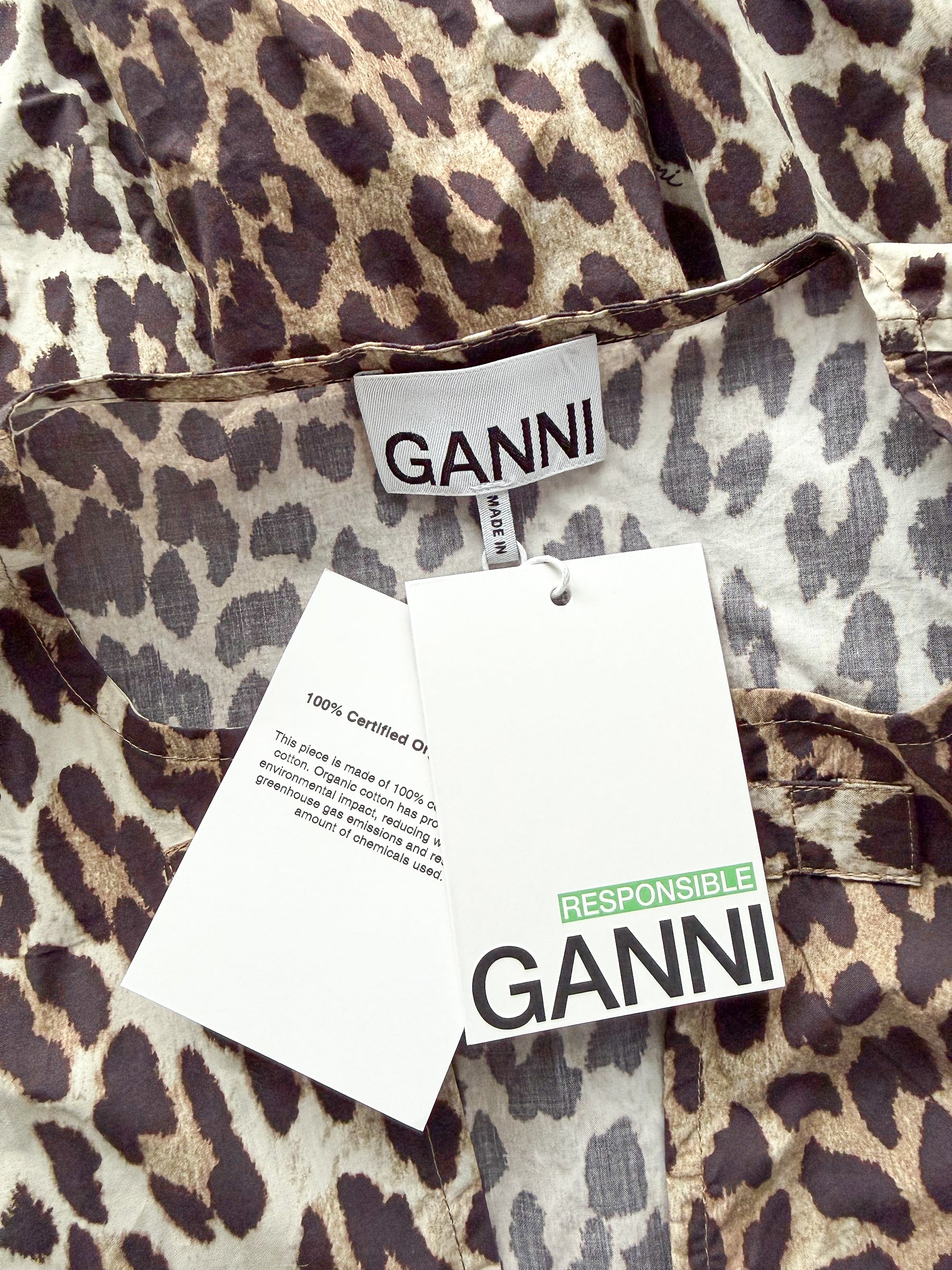 Ganni Leopard Print Poplin Puff Sleeve Bow Tie Mini Dress