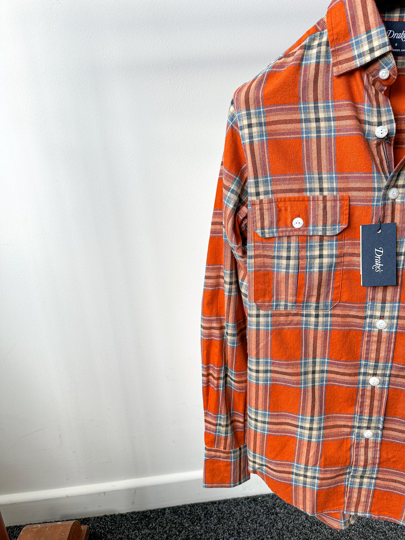 Drake's Red Lumberjack Check Double Pocket Shirt