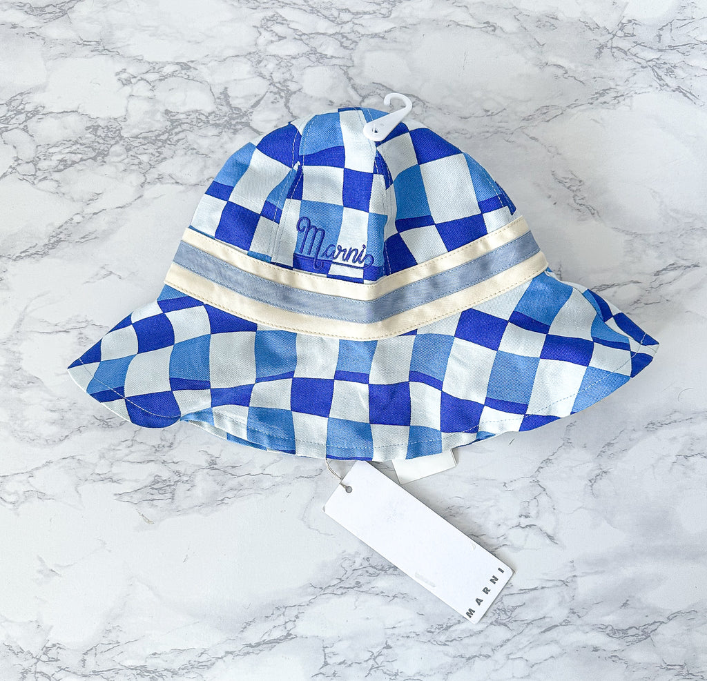 Marni Blue Logo-Embroidered Checked-Canvas Bucket Hat