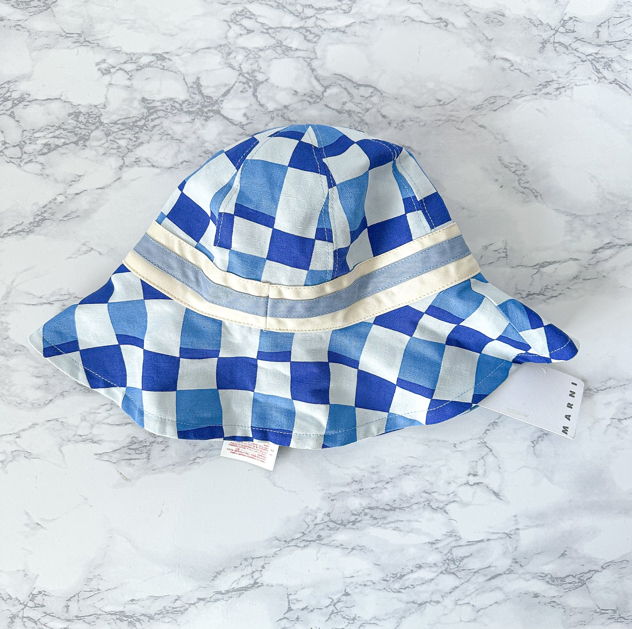 Marni Blue Logo-Embroidered Checked-Canvas Bucket Hat